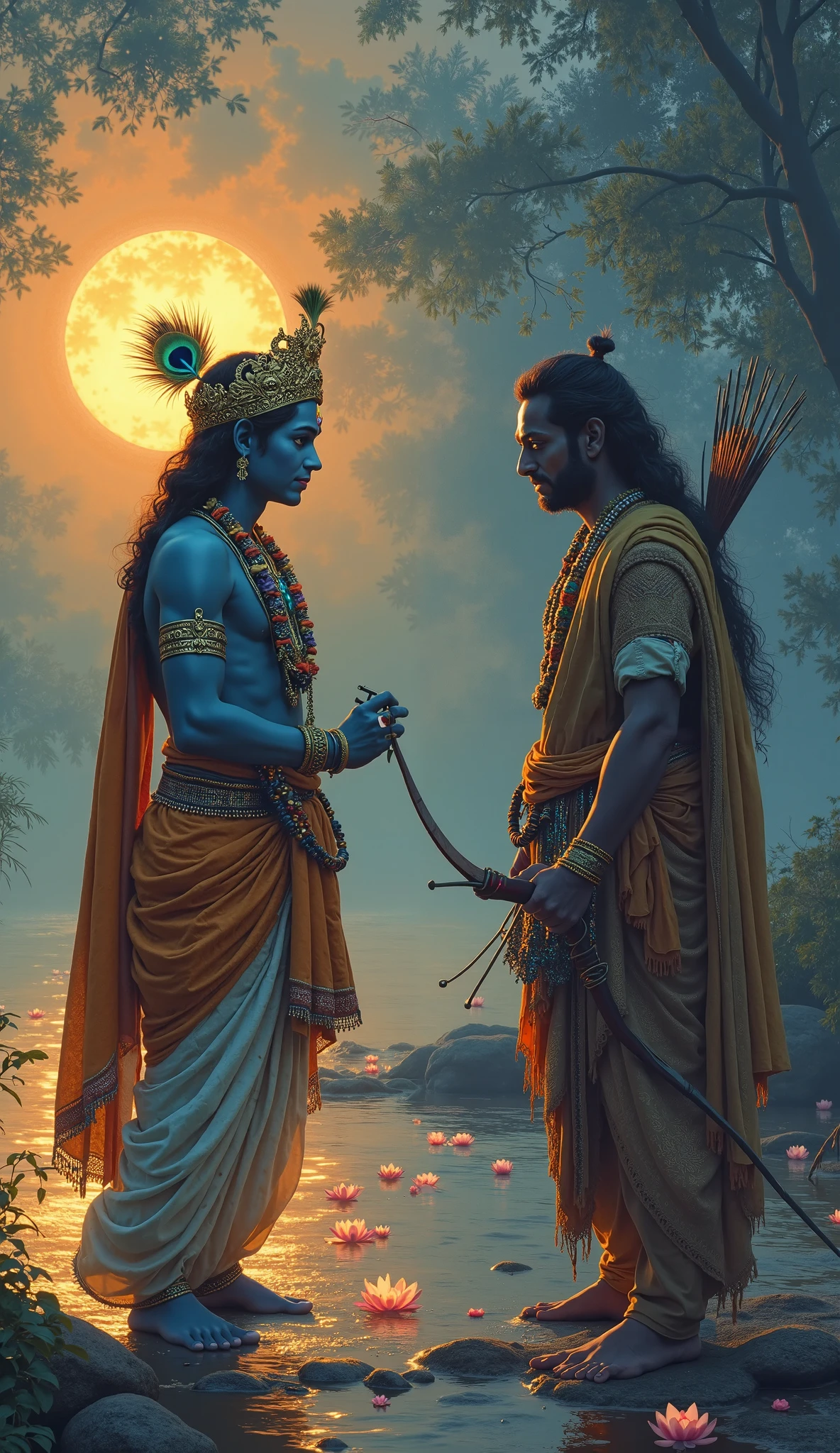 An image of Krishna, in his human form, approaching Karna who is sitting under a banyan tree. Krishna is wearing his traditional yellow dhoti and peacock-feathered crown, with a gentle smile on his face. His aura is serene and divine, radiating a soft light. Karna is standing up to face Krishna, with a mix of respect and defiance on his face. The moonlight bathes both figures, creating a mystical atmosphere. Ratio 16:9