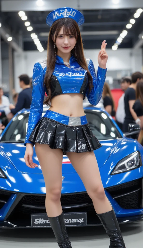 ((masterpiece)), ((high detail)), 1girl, (cowboy shot), (beautiful face), high quality, (circuit:1.4), (grid girl:1.4), black hair, straight hair, medium length hair, medium breasts, blue eyes, beautiful eyes, (racing cars in background), (gloss blue tube top with sponsor's logo printed), (gloss blue mini skirt with sponsor's logo printed), (bikini pants), (gloss blue long boots with sponsor's logo printed), enjoy, happy, earrings