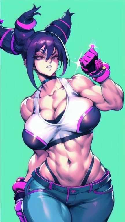 street fighteve Fingers、Very big big breasts、fighting poses、Chest that seems to burst、cleavage of the breast、One lady、long legged、Fitness Model、musculature、abdominals、Powerful Pose、punch、Height 175cm、poneyTail、skin tanned、a smile、clothes shiny、full-body view、Clothes that shine in iridescent colors、The shirt、JINS、publicity cosplay、full-cosplay、taken with canon 5d mk4、cosplay foto