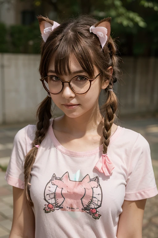 young girl, 14 years, , too fat, two pigtails hairstyle, glasses, sucking a lollipop, THE WIND LIFTS HER SKIRT.