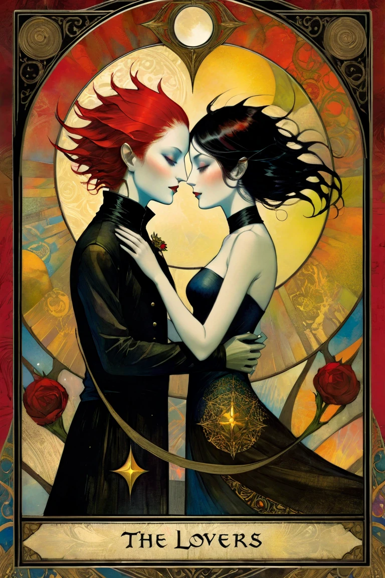 tarot card, a card, card : "THE LOVERS", tarot card frame,(art inspired by Bill Sienkiewicz).
