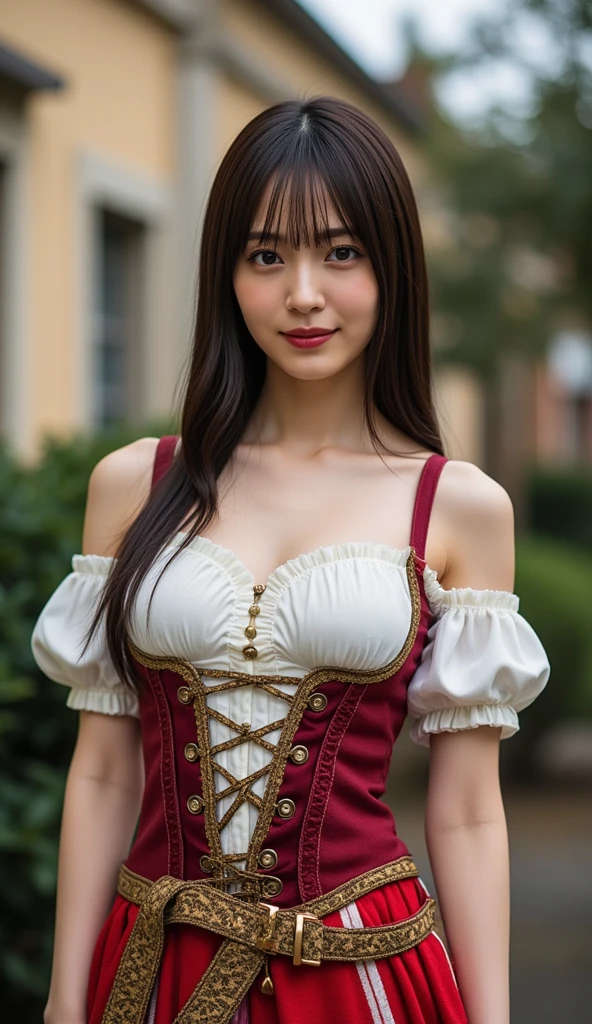 realistic, 3/4 pic, 19 year old sexy woman, brown eyes, Little red riding hood, sitting under a tree, (((big dark wolf laying beside her))), dark forest, looking at viewer, she has a wicker basket with a lid beside her, orange brown leather corset, short red mini skirt, skirt floating in wind, big round breast, seductive body, cute sexy pose, body, flirtatious look, forest background, 8k detail, smooth image, detailed face,