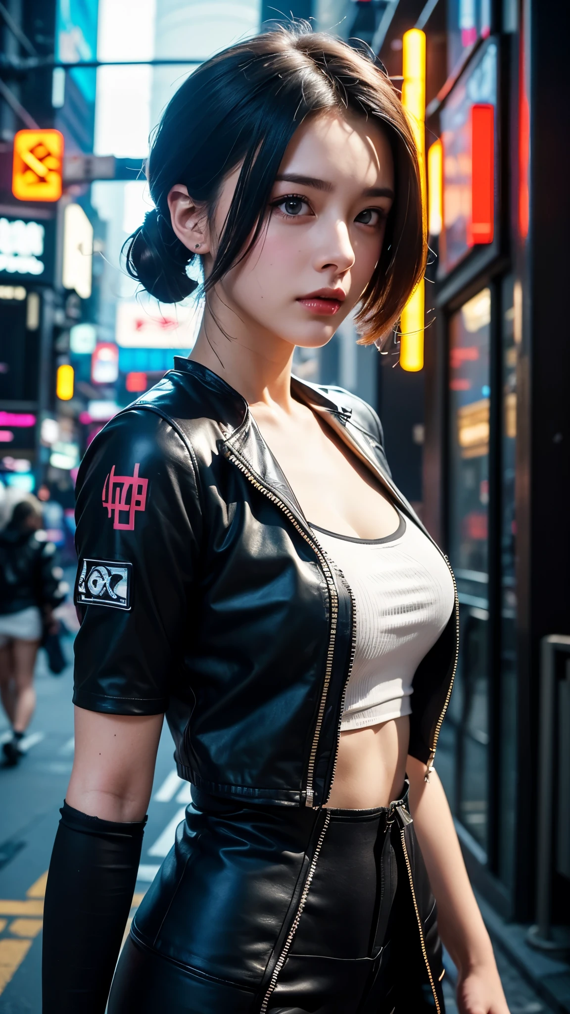 Lucy \(cyberpunk\), masterpiece, High detail, 8k, 1girl, black hair, pink lips, parted bangs, skirt, cyberpunk \(series\)