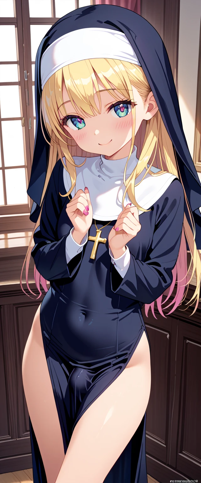 priestess、adult lady、Show your breasts、barechested、small tits、a blond、background is church、Forced smile、view front、full of sweat、take off one's robe、nsfw、