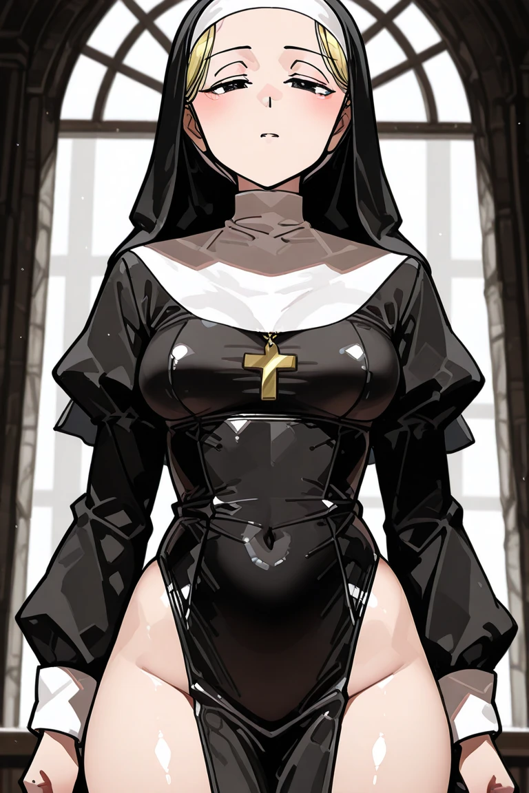 masterpiece, best quality,1girl, (breasts:1.1)sagging breasts,black hair,green eyes ,nun,church ,cross necklace ,bodysuit