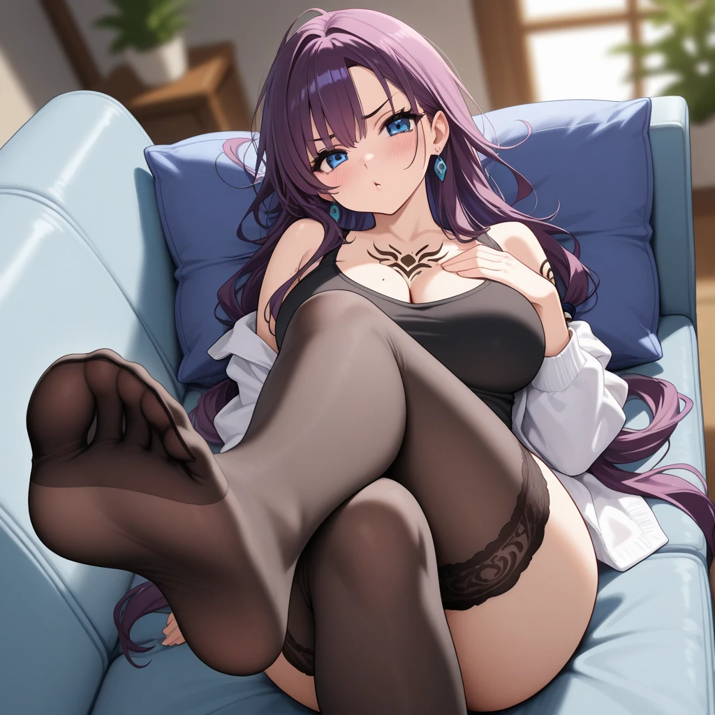 2d, masterpiece, ((sitting on floor)) looking back, best quality, full body, full pose, anime, highly detailed, cowboy shot, 1girl, solo, yuri, purple hair, purple eyes, long hair, ((cat ears)), ((black nail polish)), hair between eyes, hairclip, ((white bra)), ((meow hands)) ((white panties with ribon)) thights, ((feets in first plan)) ((show feets)), legs ((smile smug face)), blushing, red face, ((white short socks)) panting face, living room, ((point of view down)) ((point of view from floor))