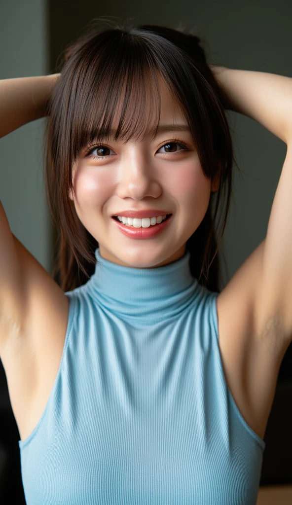 (Realistic:1.3、Ultra HD、Ultra-high resolution、8k、Japanese office lady、Realistic、At work、)、((Look Viewer:1.8))、(Extremely realistic skin texture:1.4)、(Realistic:1.3)、(((Embarrassed expression:1.6)))、(40-year-old woman、Mature Woman)、(Raise both arms to show your armpits:1.8)、(Face close-up:1.75)、((Shooting from the side:1.1))、Sweat、Visible nipples、Show off your 