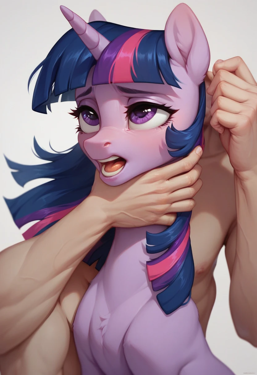 Twilight Sparkle from the movie "Mlp equestria girls", by address, sad, looking at the viewer, bare breasts, annoyed, crying, on his knees in front of me, POV makes me a paizuri, POV my penis between her breasts, In a room.