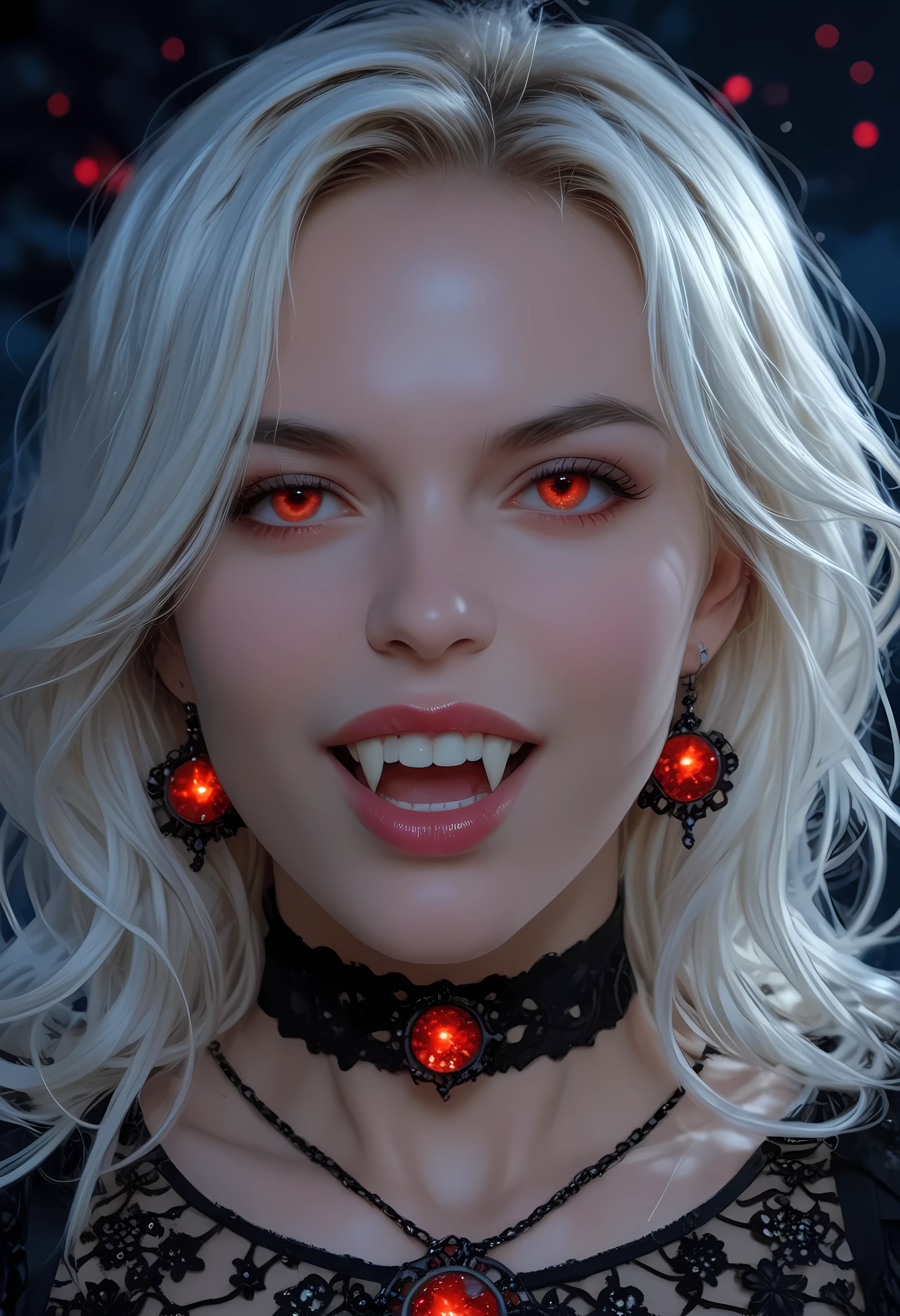 a portrait of a young female vampire gazing into the infinite stars in the night sky the stars are reflected in her eyes, a beautiful mature female vampire, dynamic hair color, dynamic skin complexion, wearing dynamic dress, looking into the stars, the stars are reflected in her red eyes, night sky, many, many shining stars, various colors stars,  vibrant, Ultra-high resolution, High Contrast, (masterpiece), highest quality, Best aesthetics), best details, best quality, highres, 16k, [ultra detailed], masterpiece, best quality, (extremely detailed), glowing,ember, fantasy, fflix_ufantasy, vampire, fangs, epic, sparkle,