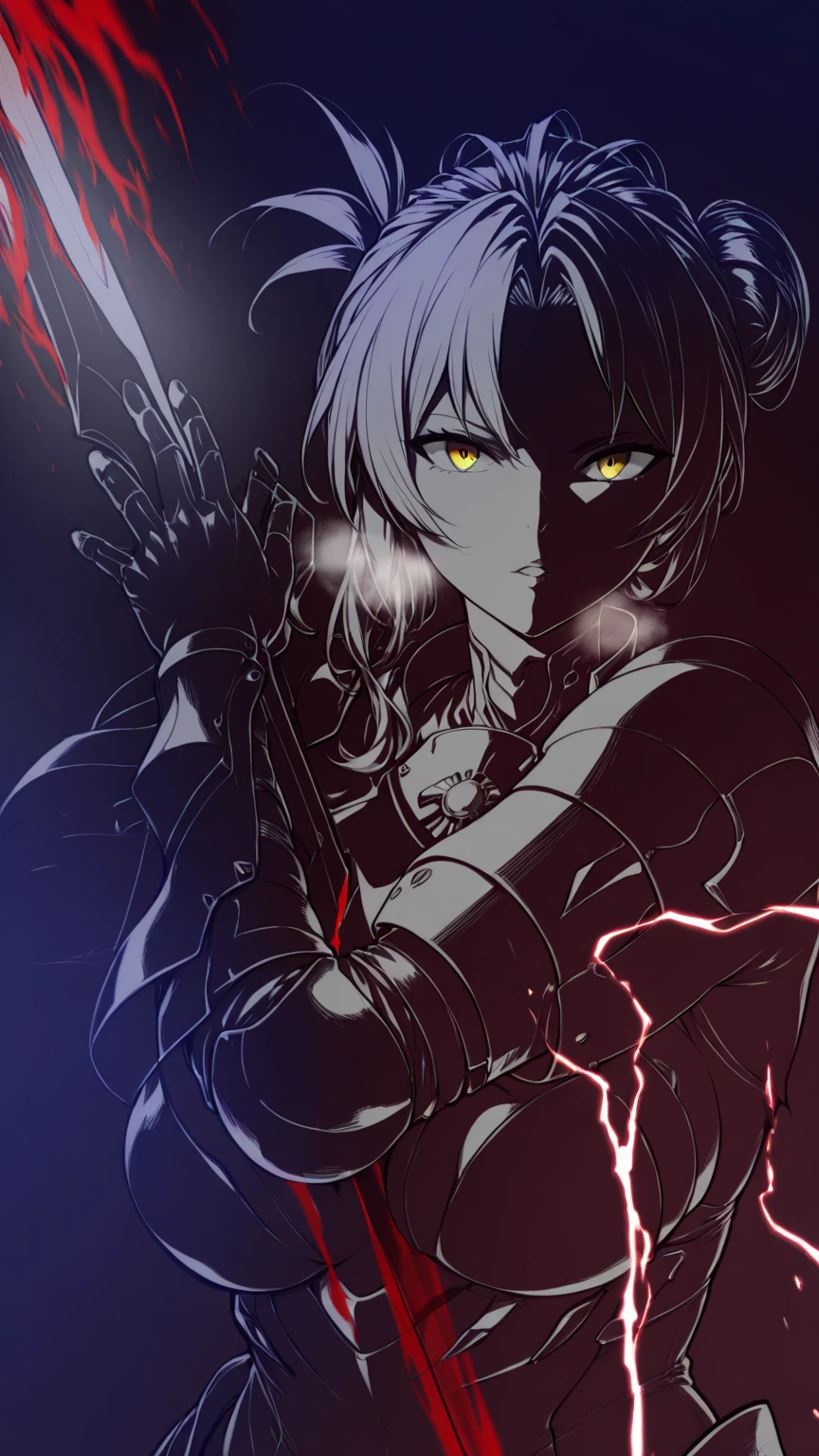 (hiiragi_yuuichi-style), (zonda_(solid_air)-style:0.8), ((anatomical correct)), vignetting, fog, ((monochrome, greyscale, manga-style, spot colors, yellow eyes)), (lineart:1.2), ((disintegration)), perfect body, perfect eyes, perfect fingers, gasping, heavy breathing, gasping profusely, ((skindentation)), ((curvy)), Murata Himeko, short hair,messy hair,hair up,single hair bun,hair one side up,forehead,parted bangs,yellow eyes, plump, (aura), (red aura:1.2), 1girl, solo, armor, weapon, sword, gauntlets, looking_at_viewer, glowing, holding, holding_weapon, holding_sword, glowing_eyes, parted_lips, upper_body, armored_dress, electricity, eyes trails
