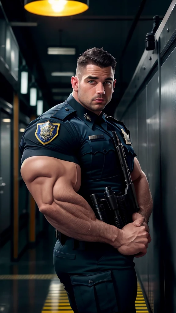 Handsome 18 year old police officer (resembles Ron Desantis) ((light five o’clock shadow, short brown haircut degrade, look at the camera)), in his skintight cop's uniform ((short sleeve shirt, tactical police gear)) with his swoll muscles bulging under the fabric. he is an ultraconservative straight MAGA patriot; major homoerotic teasing; he is sullen and smug; genetically superior white alpha; atmospheric lights, divine rays, (huge chest), perfect detailed male face, ultra-detailed, thin waist, (Muscles 1.5), ((Strong body and fitness)), full body, (((Extra muscles))), (perfect large hips and wide hips:1.2) smooth, high detail, soft bokeh background, tanned skin, detailed fingers, extremely detailed eyes and face, beautiful detailed nose, beautiful detailed eyes, sullen and arrogant egotistical vibes, RAW photo, RAW photo, gigachad photo, posing for camera, 8k uhd, dslr, high quality, film grain, Fujifilm XT3; Beefcake in the style of Colt Studios, Jim French, and Lou Thomas; sfw; big pec, cumgutters, vpl, realistic bulge