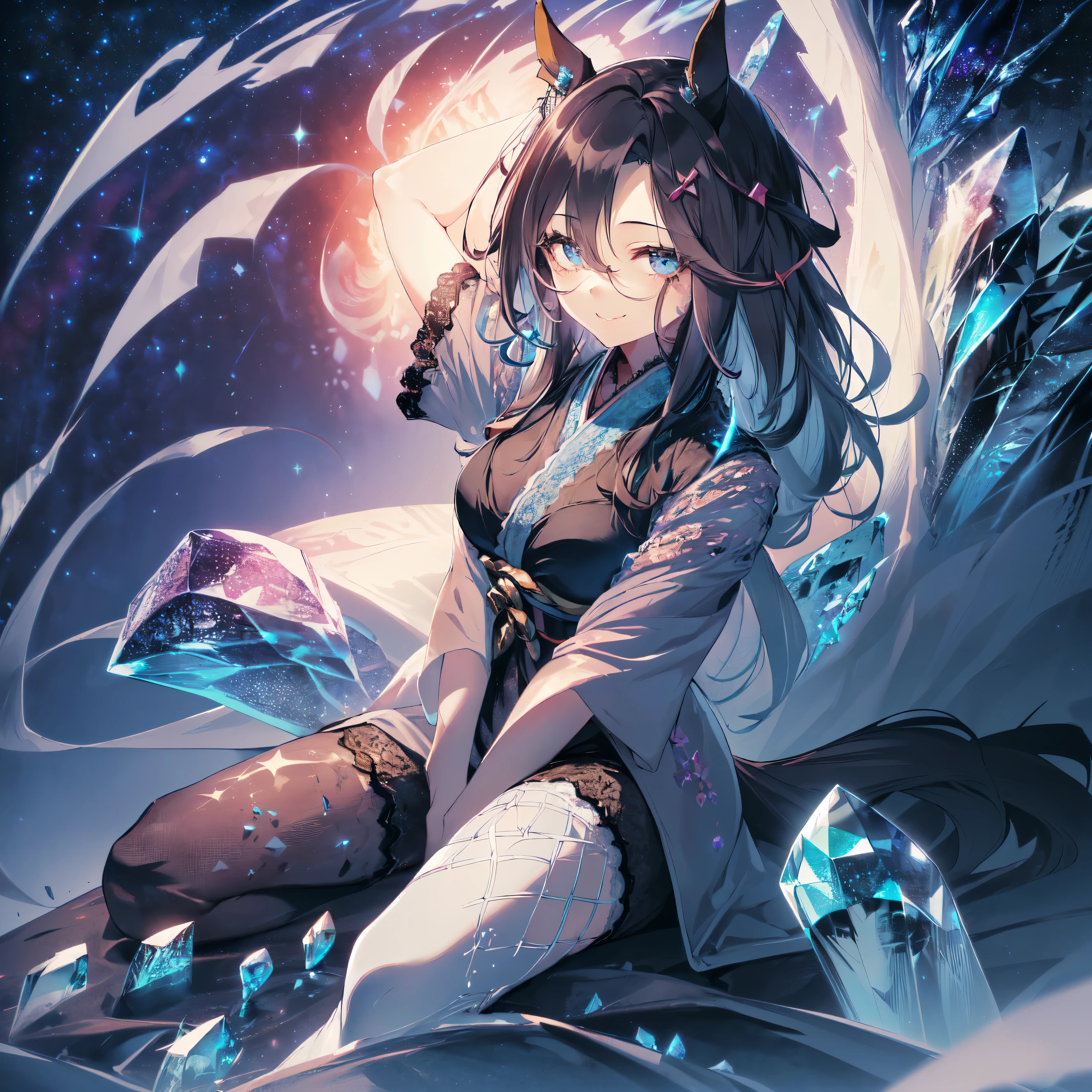 (Solo: 1.9). Girl. (Girl with horse ears: 1.9). (Girl with horse tail: 1.5). (Muscular girl: 1.5). (Black hair: 1.5). (Super long hair: 1.5). (Sitting torture: 1.5). (Arm between legs: 1.9). (Flashy blue sheer short sleeve lace kimono: 1.9). (Wearing a big beautiful hairpin: 1.9). (Beautiful sheer black pantyhose: 1.5). (Flashy sheer lace obi: 1.5). (Smiling and looking at the camera: 1.5). (2DCG animation). (Dark purple background. Lots of crystals. Starry sky: 1.5). Exquisite anatomy. (Amazing. High quality. High resolution). (Dutch angle: 1.5). (Close up of upper body).