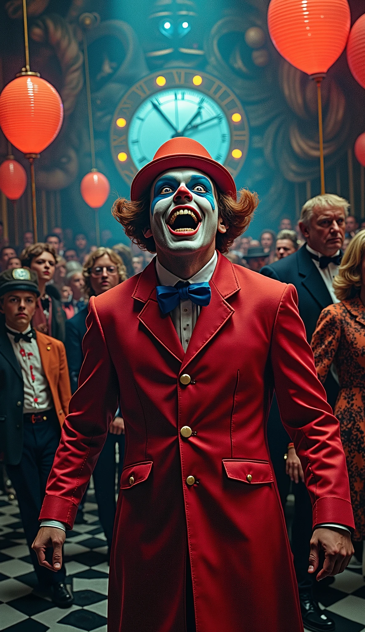 Surrealist Psicopop. Intriguing people in the circus. clowns. Clockwork Orange film. cinematic. 8K.