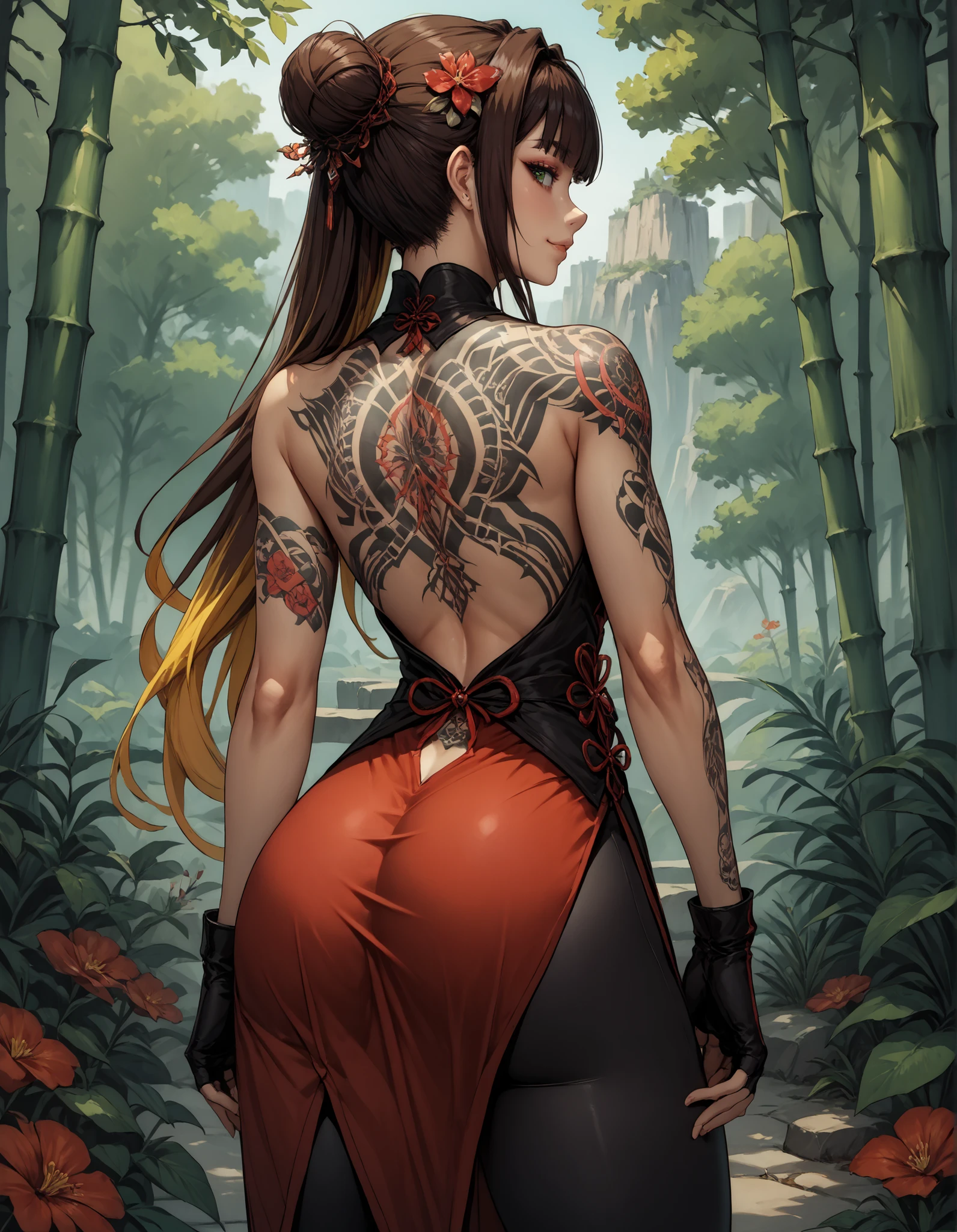 score_9, score_8_up, score_7_up, source_anime, blunt bangs, hair bun, hair ornament, bike shorts, brown hair, multicolored hair, 1girl, solo, 1woman, Very long hair, brown hair, gradient hair, multicolored hair, yellow hair, green eyes, eyelashes, medium breasts, back tattoo, backless dress, obi, outdoors, bamboo trees, cowboy shot, smile, CONCEPT_irezumi_YakuzaTattoo_ownwaifu, irezumi, yakuza, tattoo, arm tattoo, floral print, shoulder tattoo, red flower, flower tattoo, back tattoo, big back tattoo, red dress, side slit, china dress, from behind, woodcut landscape back tattoo, full-body tattoo, looking back, fingerless gloves