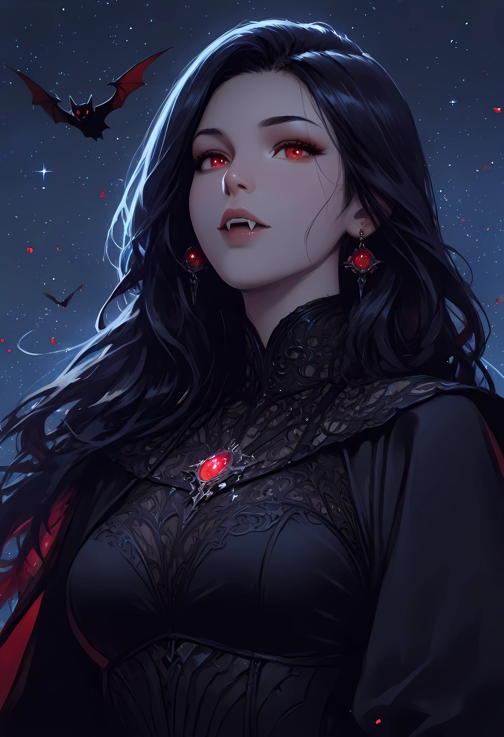 a  portrait of a young female vampire gazing into the infinite stars in the night sky the stars are reflected in her eyes, a beautiful mature female vampire, dynamic hair color, dynamic skin complexion, ultra detailed face, best detailed face, wearing dynamic dress, looking into the stars, the stars are reflected in her red eyes, night sky, many, many shining stars, various colors stars,  vibrant, Ultra-high resolution, High Contrast, (masterpiece), highest quality, Best aesthetics), best details, best quality, highres, 16k, [ultra detailed], masterpiece, best quality, (extremely detailed), glowing,ember, fantasy, fflix_ufantasy, vampire, fangs, fantasy, dw01-3400