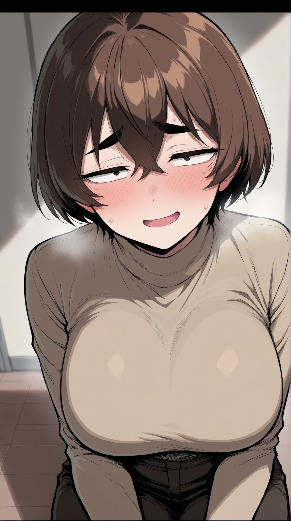 nsfw,One Woman、、Primary school students、Completely naked、(Beautiful nipples)、((Small Breasts)),Highest quality、Very delicate and beautiful、((Very short bangs))、((Bangs))、Light shiny brown hair、The hair is light、((Short Bob))、Cute face、Young face、Cute like an idol、Yellow Eyes、Are thin、Slim figure、Short、(Child body type)、((Lots of sweat))、Embarrassed face、Open Mouth、Troubled face、Red face、(School classroom)、Photographed from the front、Low - Angle、ceiling、Showing off your crotch、