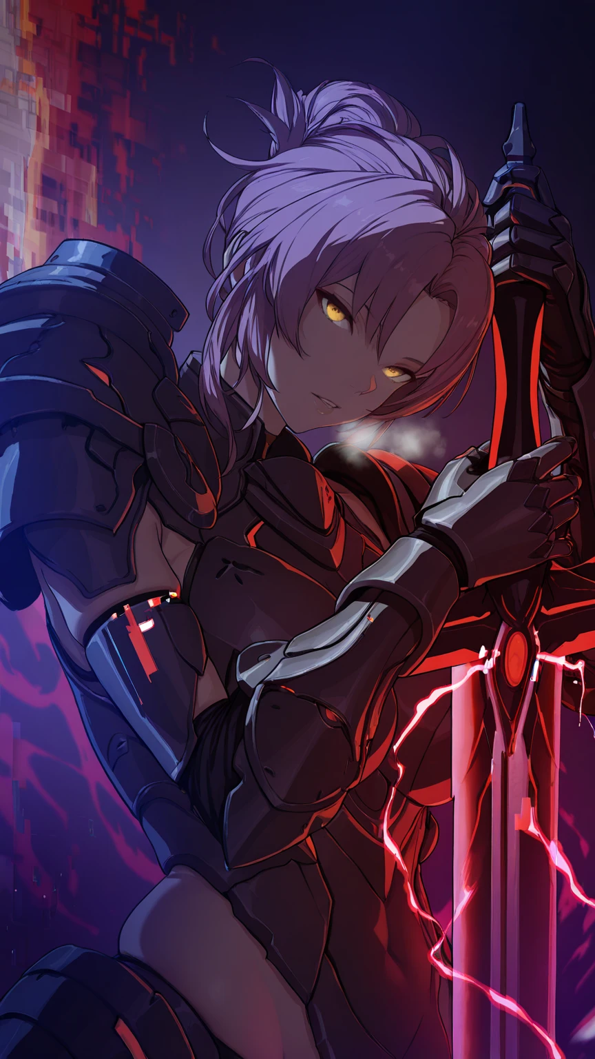 (hiiragi_yuuichi-style), (zonda_(solid_air)-style:0.8), ((anatomical correct)), ((Cinematic, unreal engine, eye-catching, ambient occlusion, UHD, masterpiece)), ((perfect lighting)), ((digital dissolve)), ((glitch_cebsor)), perfect body, perfect eyes, perfect fingers, gasping, heavy breathing, gasping profusely, ((skindentation)), ((curvy)), Murata Himeko, short hair,messy hair,hair up,single hair bun,hair one side up,forehead,parted bangs,yellow eyes, plump, (aura), (red aura:1.2), 1girl, solo, armor, weapon, sword, gauntlets, looking_at_viewer, glowing, holding, holding_weapon, holding_sword, glowing_eyes, parted_lips, upper_body, armored_dress, electricity, eyes trails, fading, 