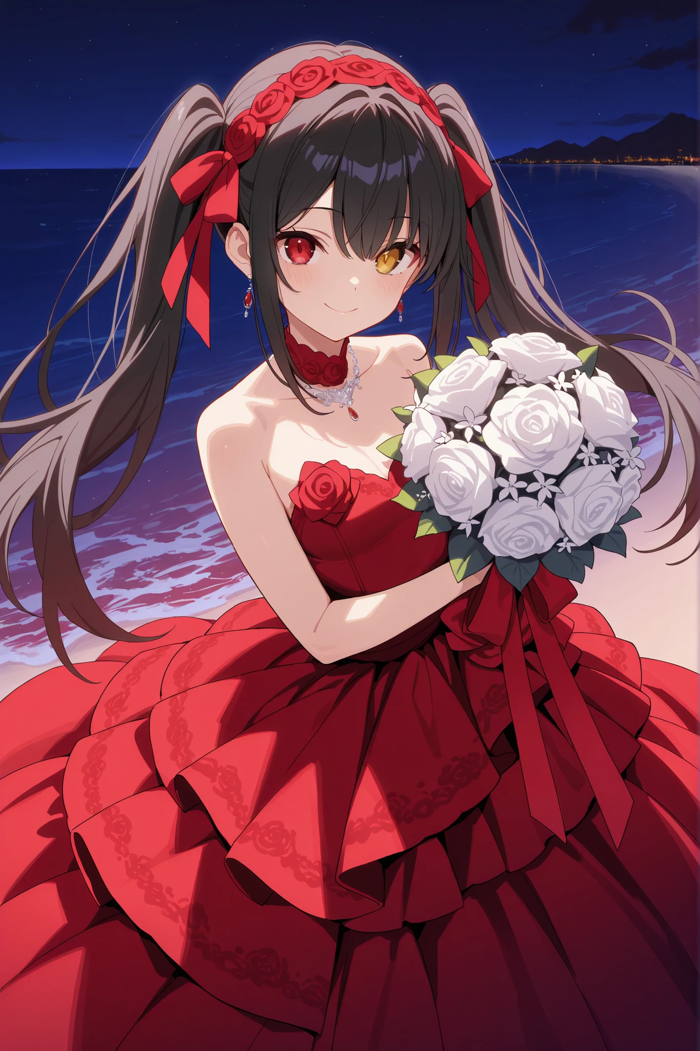 score_9, score_8_Excellent, score_7_Excellent, high res images, masterpiece, Best Quality, source_anime,girl, Seaside,Night, smile, (((Dark red wedding dress))),
kurumi tokisaki astral dress, long hair, black hair, red eyes, twintails, yellow eyes, hairband, heterochromia,white Bouquet
