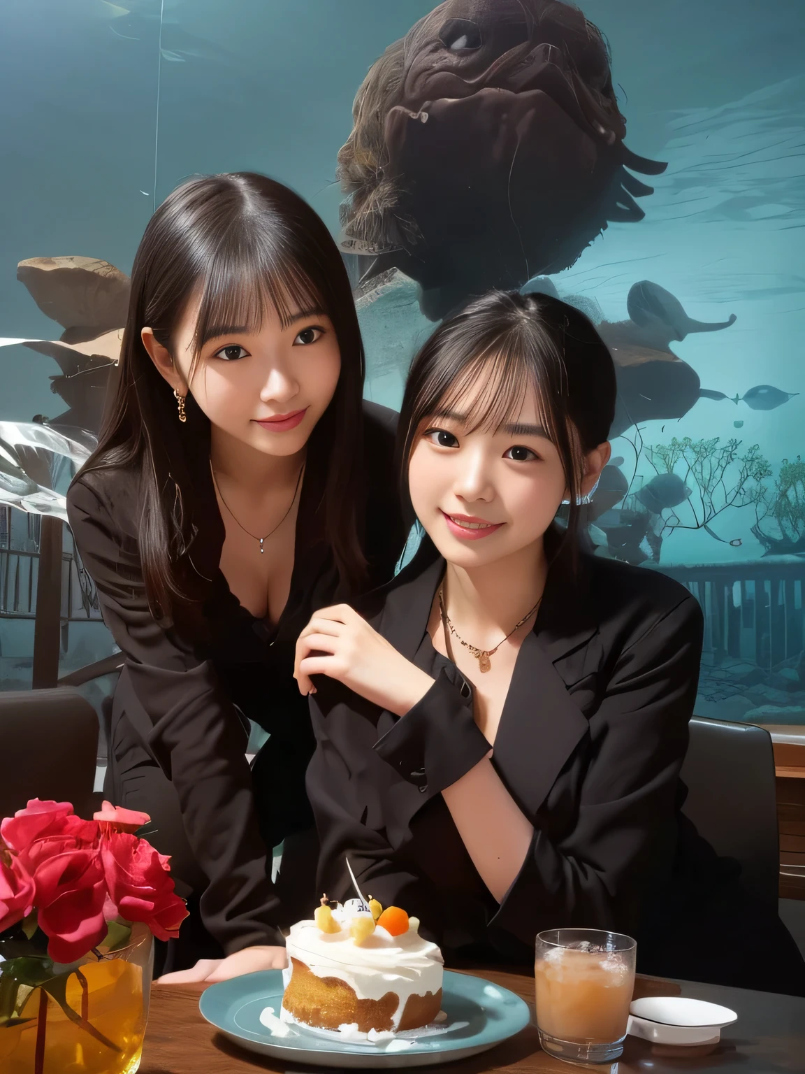 (masterpiece:1.3), high resolution, ultra detailed, extremely detailed CG unity 8k wallpaper, realistic, photo-realistic, RAW photo, beautiful detailed face, pale skin, realistic glistening skin, detailed cloth texture, detailed hair texture, Perfect Style, Beautiful Face, accurate, Anatomically correct, Highly detailed face and skin texture, natural neck length, (hands of high accurate that four fingers), (one thumb of of high accurate), (thin and beautiful fingers),
BREAK,
Detailed eyes, symmetric eyes, Brown eyes, Double eyelids, Thin eyebrows, (Sexy Lips:1.3), (Glossy lips:1.4), (embarrassed smile:1.2),
BREAK,
((Innocent and Cute girl:1.3)), ((wearing a off-shoulder White blouse:1.4)), (beautiful clavicle), (Gold strings belt), (denim pants:1.2), (cross strap high heels:1.2),
(necklace, bracelet), ((clutch bag over shoulder, large hoop earrings, pinky ring:1.2)), (Wearing sunglasses on top of their head),
BREAK,
Layered Hairstyle, (brown hair:1.2), (wavy hair:1.2), medium long hair,
large breasts, (firm breast), (nicely shaped breasts:1.1),
BREAK,
((Standing together In front of the aquarium:1.2), ((looking sideway at viewer:1.2)),
((Cowboy shot:1.3)), (Focus on face:1.2), (from side:1.1),