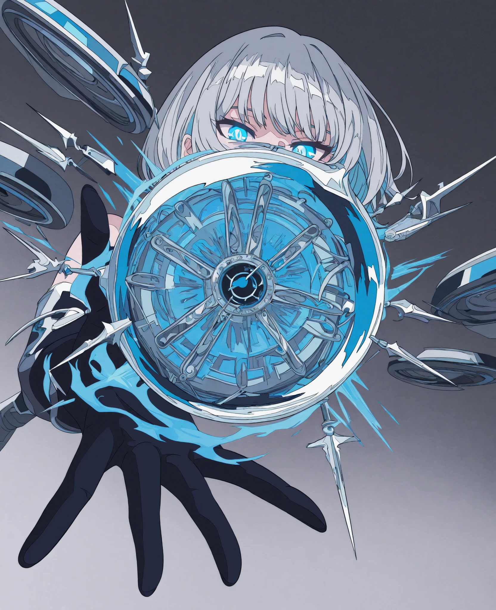 dutch angle, elbow focus, three-quarter view, floating gear, reaching gesture, 
abstract pocketwatch, blank expression, solo, gazing sideways, tension,
7A3IFRHPR_illu, ligne claire,
monochrome with silver accents, partially colored cogwheels, glowing_blue_eyes, tsurime,
steel-grey background, concentric circles,  clocktower interior, brass mechanisms,
masterpiece, absurdres, cutting-edge, grils. Hair style wolf cut, hair coloring blue ice, aura Blue lock eyes, Cosmos aura Phoenix, With the wolf on the hea.