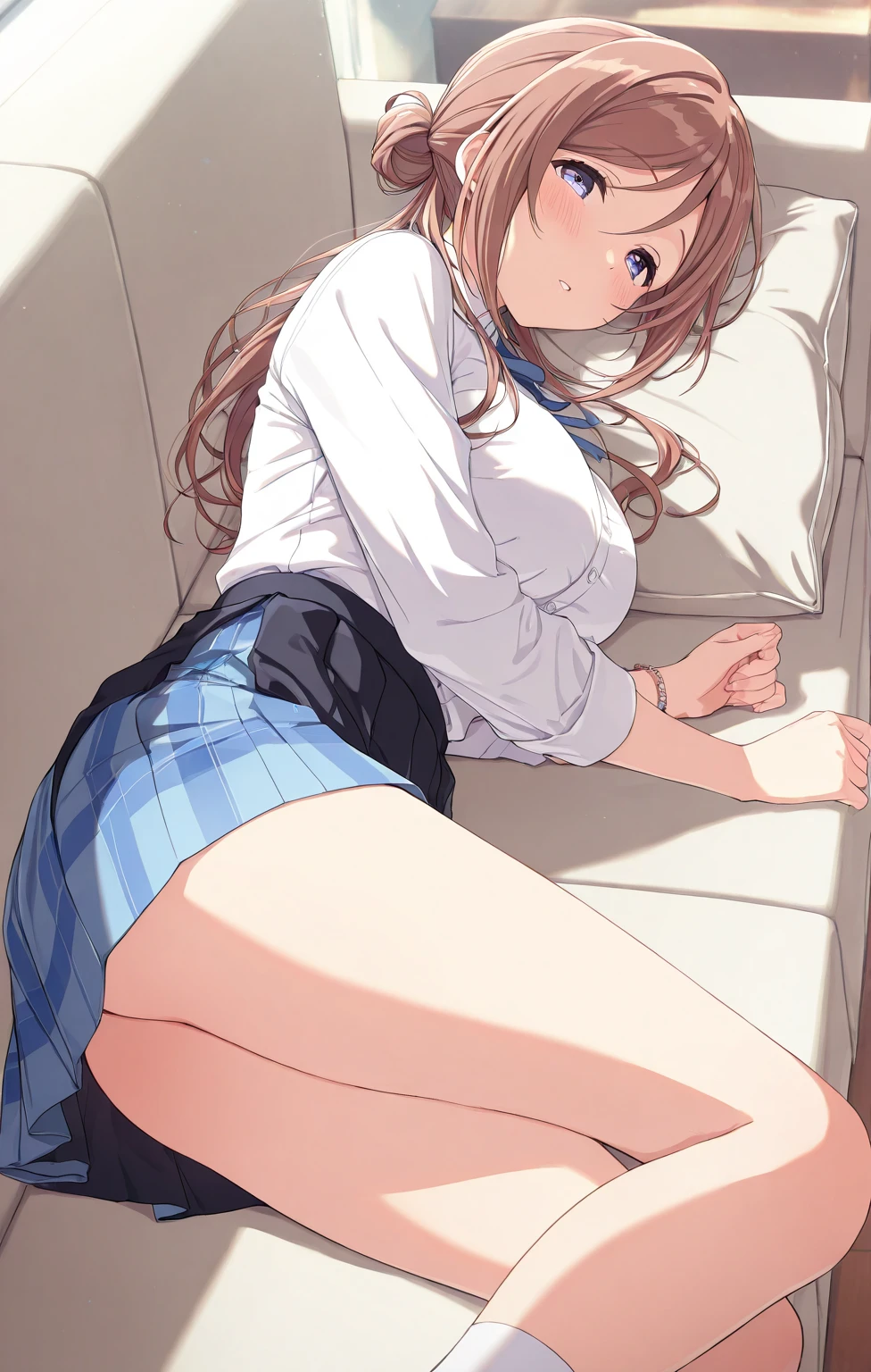 masterpiece、Highest quality、Gymnastics club high school girl sleeping on the sofa、She is wearing a rhythmic gymnastics leotard with a sailor uniform and pleated skirt layered over it.、Sweaty、Sloppy sleeping position、Mouth wide open and drooling、Happy sleeping face、Big Breasts、Beautiful feet、White tights、A beautiful girl、The gap between appearance and sleeping position