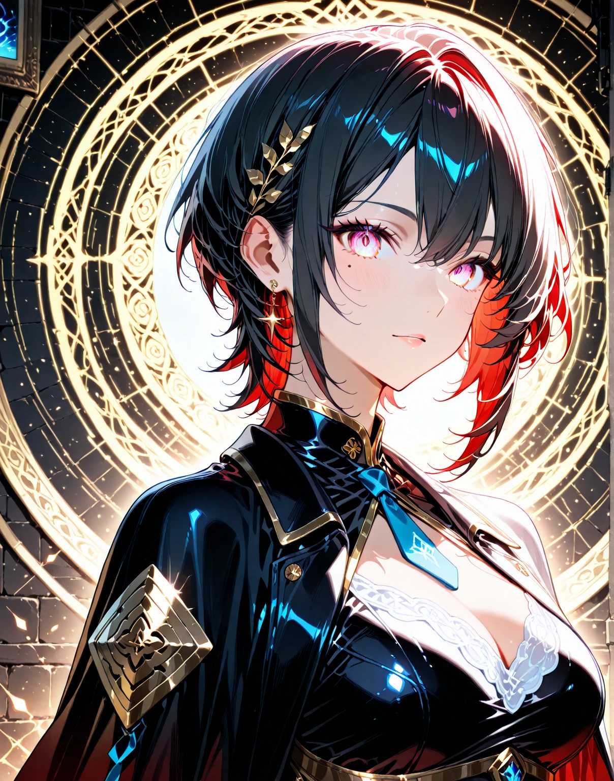 Masterpiece、Yolfoger、Black Hair、smile、Red Eyes、night、full moon、Gold rose hair ornament