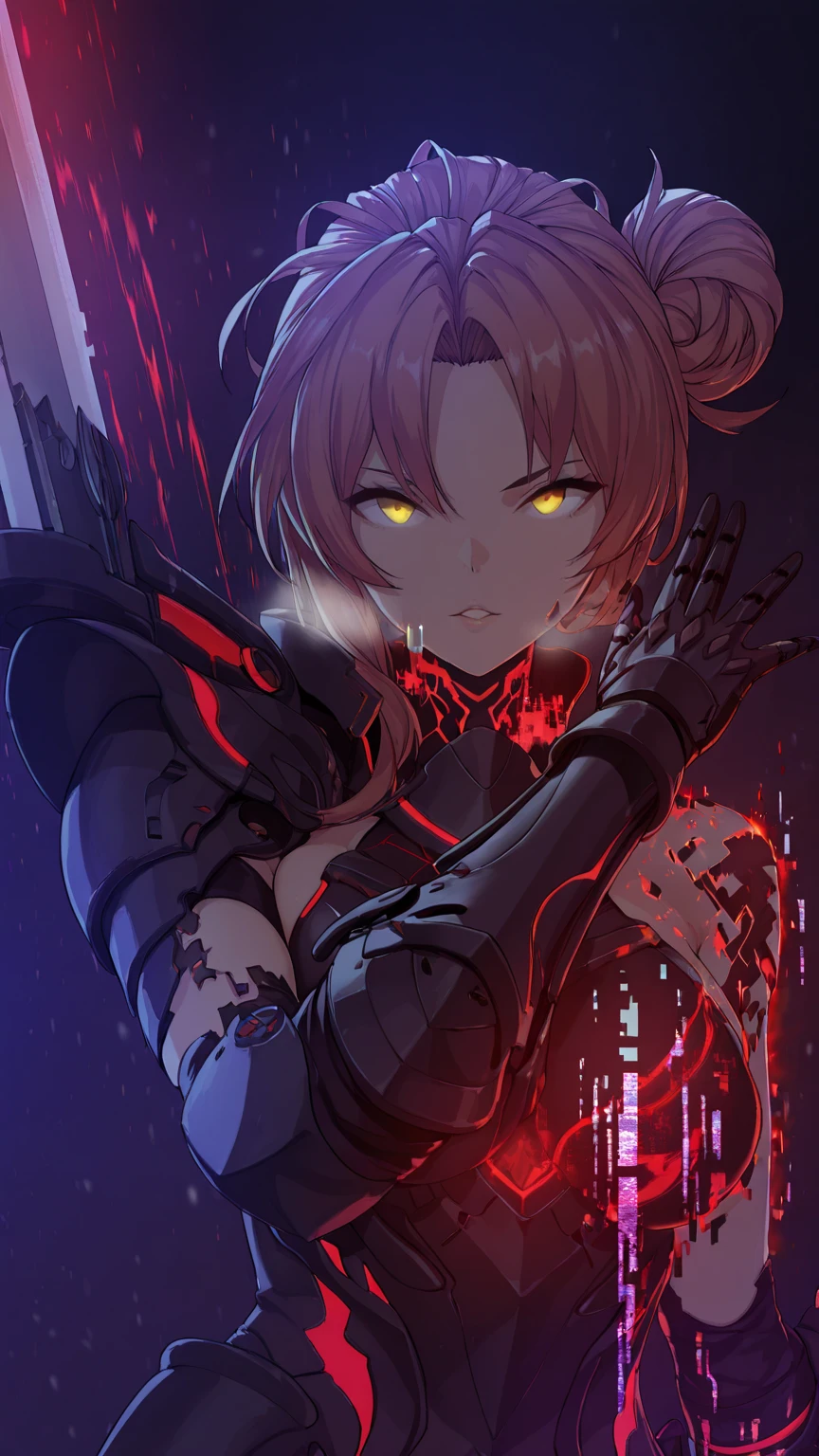 (hiiragi_yuuichi-style), (zonda_(solid_air)-style:0.8), ((anatomical correct)), ((Cinematic, unreal engine, eye-catching, ambient occlusion, UHD, masterpiece)), ((perfect lighting)), (digital dissolve:1.2), (disintegration body:1.2), perfect body, perfect eyes, perfect fingers, gasping, heavy breathing, gasping profusely, ((skindentation)), ((curvy)), Murata Himeko, short hair,messy hair,hair up,single hair bun,hair one side up,forehead,parted bangs,yellow eyes, plump, (aura), (red aura:1.2), 1girl, solo, armor, weapon, sword, gauntlets, looking_at_viewer, glowing, holding, holding_weapon, holding_sword, glowing_eyes, parted_lips, upper_body, armored_dress, electricity, eyes trails, spark,