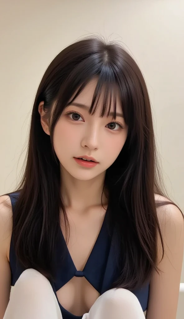 (Hight Resolution:1.3), (8K, Photorealcitic, Raw-Photo, The highest image quality: 1.4), Japanese people, (1girll), beautifull face, (Vivid bangs wavy hair:1.3), beautiful hairstyle, RealisticEyes, beautiful-detailed eyes, (Real looking skin), Beautiful skins, Enticing, 超High resolution A, A hyper-realistic, hoog detail, Golden proportions,looking at the photographer、