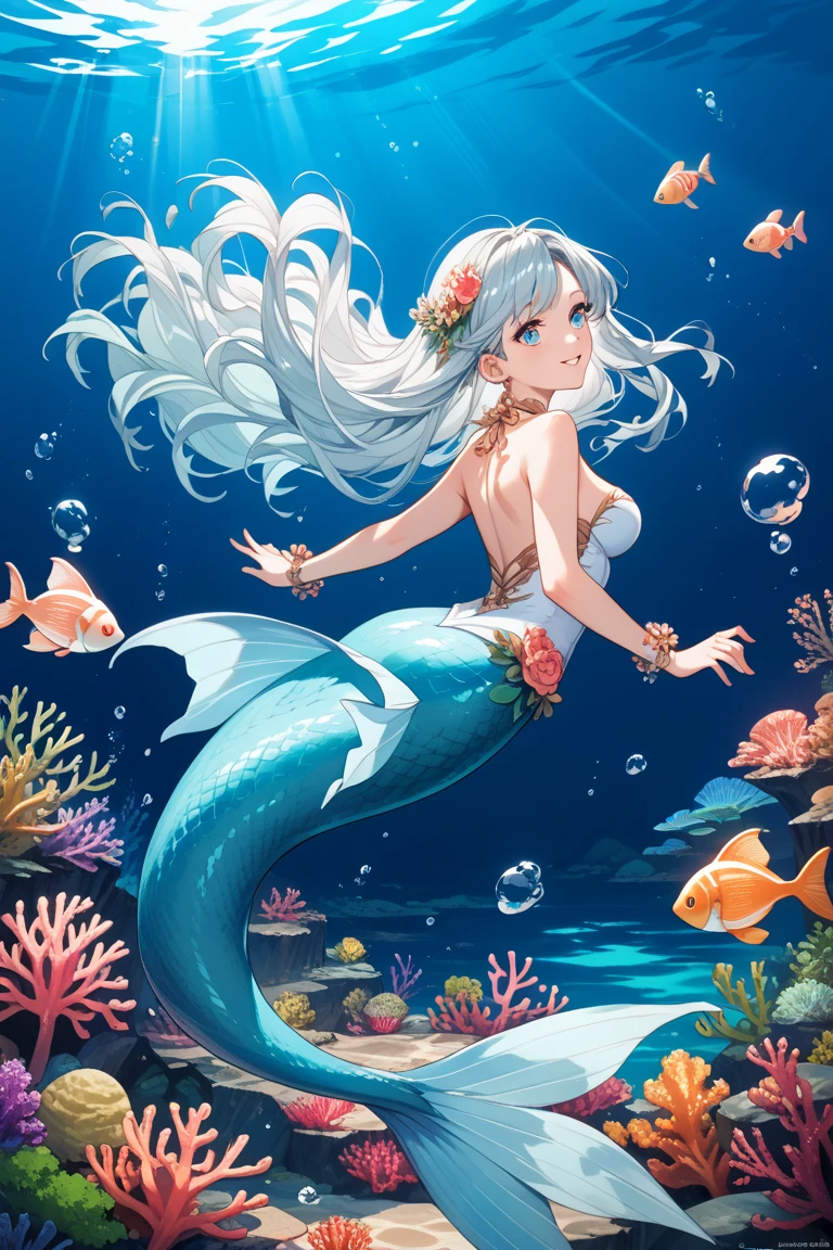 "Create a detailed fantasy artwork of a sea girl. She should have long, flowing hair that resembles seaweed, eyes that sparkle like ocean waves, and a shimmering, mermaid-like tail. Surround her with a vibrant underwater world teeming with colorful coral reefs, exotic fish, and ancient shipwrecks. The overall atmosphere should be magical and ethereal, with soft, diffused lighting filtering through the water, highlighting her mystical presence."