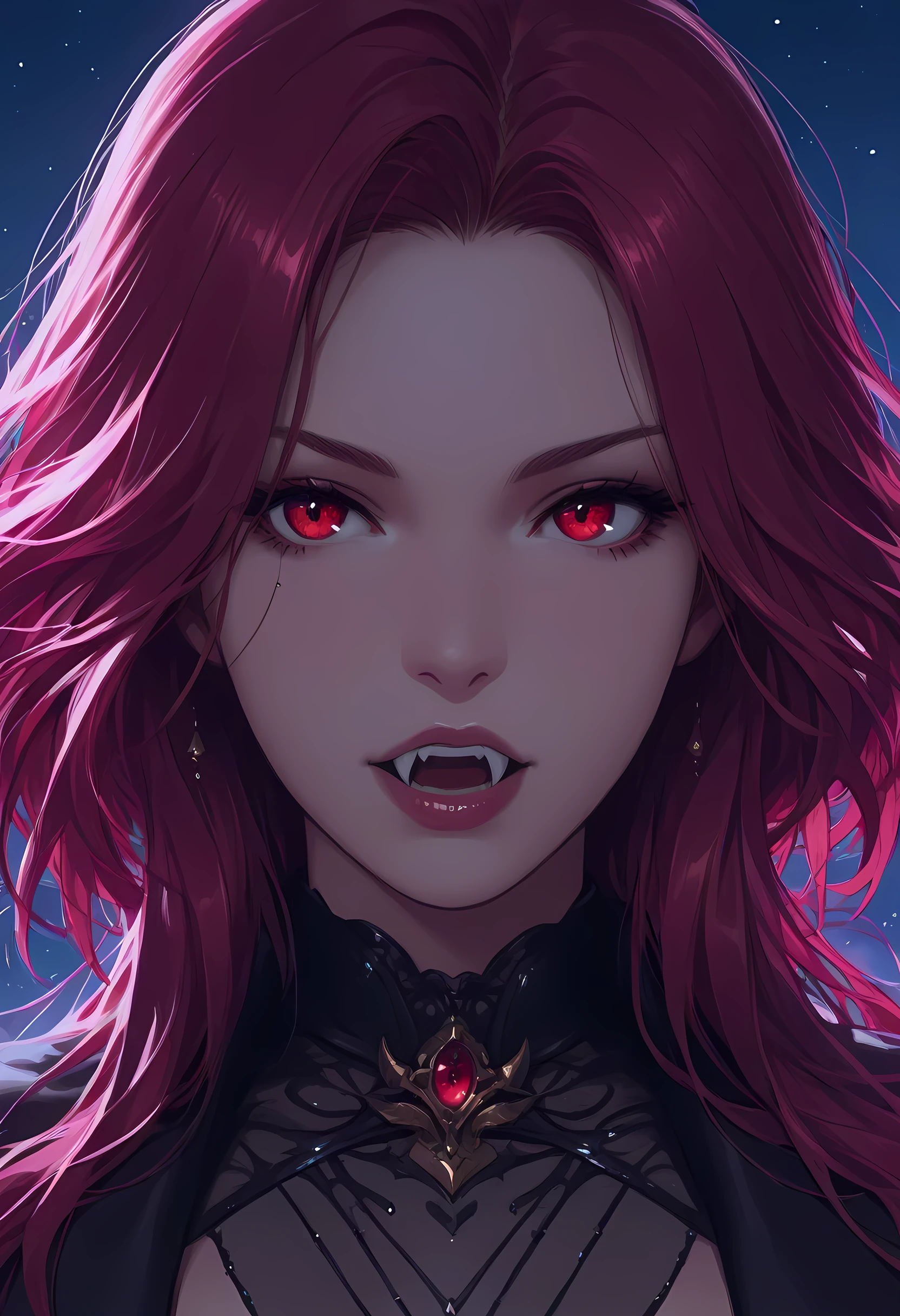 a  portrait of a young female vampire gazing into the infinite stars in the night sky the stars are reflected in her eyes, a beautiful mature female vampire, dynamic hair color, dynamic skin complexion, ultra detailed face, best detailed face, wearing dynamic dress, looking into the stars, the stars are reflected in her red eyes, night sky, many, many shining stars, various colors stars,  vibrant, Ultra-high resolution, High Contrast, (masterpiece), highest quality, Best aesthetics), best details, best quality, highres, 16k, [ultra detailed], masterpiece, best quality, (extremely detailed), glowing,ember, fantasy, fflix_ufantasy, vampire, fangs, fantasy, dw01-3400, Aesthetic_PDXL