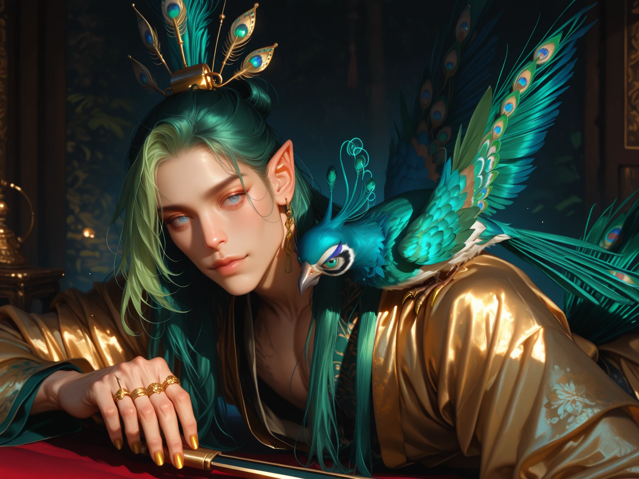 (High quality CT,4K,High resolution,main part:2.3),Very detailed,realistic:1.37,Best quality,masterpiece, high resolution,on_body, Tyndall effect,photorealistic, edge lighting, Two-color backlight,(high definition of skin:2.3), (8K UHD, DSLR quality, soft lighting, high quality, surround lighting, sincere, de 8K , 4k, 8K.) (male character/male bodybuilding) Background: Temples among the jungle. The harpy beastman. The young man has long straight loose green hair combeded to one side, peacock feathers are woven into his hairstyle. violet and blue eyes. pointed ears. He has emerald peacock bird wings and a bright green peacock bird tail. He has gold nails and rings on his fingers. He is dressed in a men's emerald-gold Hanfu robe decorated with embroidery of turquoise and blue feathers. He has a golden fan in his hand.
