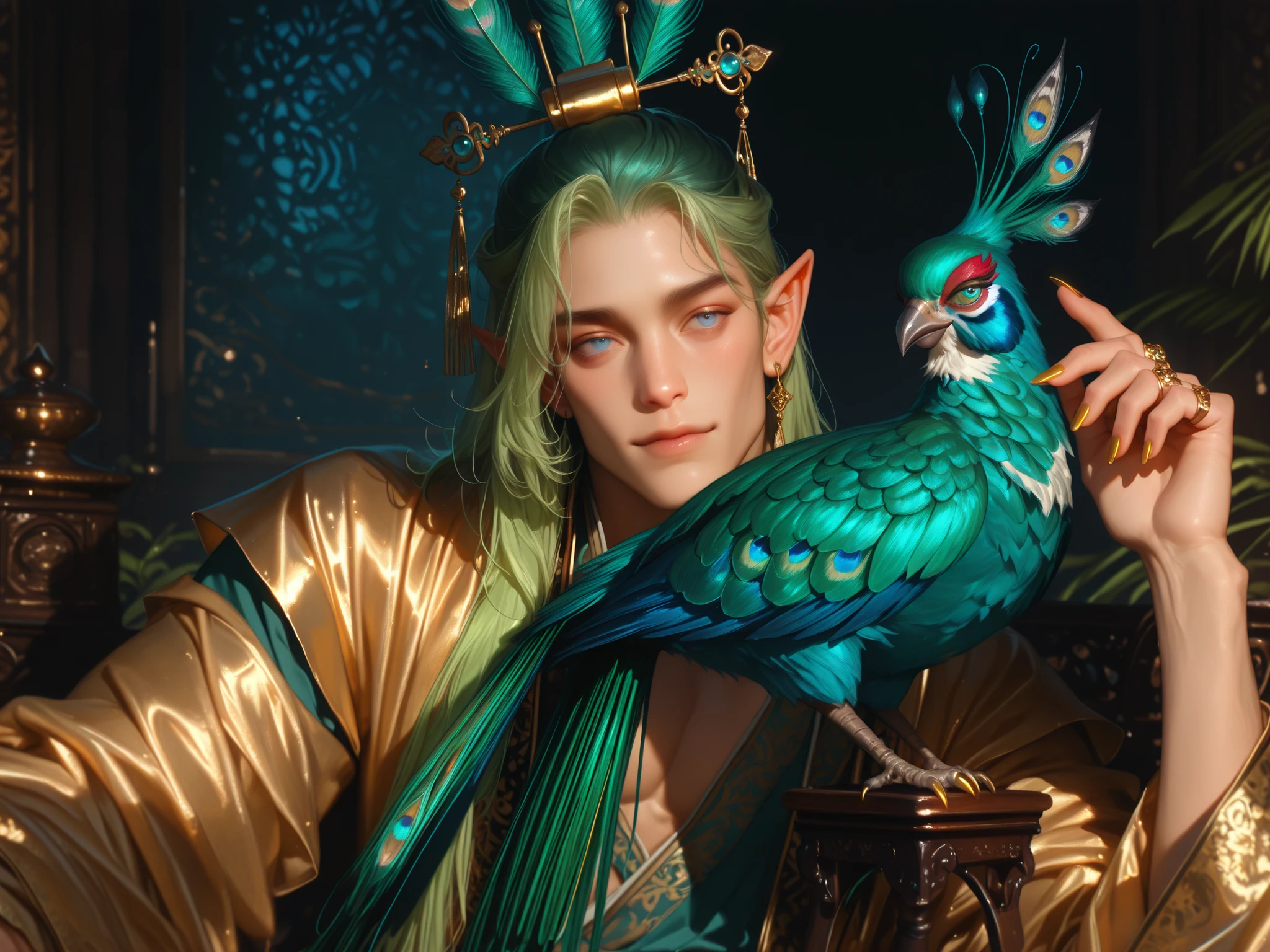 (High quality CT,4K,High resolution,main part:2.3),Very detailed,realistic:1.37,Best quality,masterpiece, high resolution,on_body, Tyndall effect,photorealistic, edge lighting, Two-color backlight,(high definition of skin:2.3), (8K UHD, DSLR quality, soft lighting, high quality, surround lighting, sincere, de 8K , 4k, 8K.) (male character/male bodybuilding) Background: Temples among the jungle. The harpy beastman. The young man has long straight loose green hair combeded to one side, peacock feathers are woven into his hairstyle. violet and blue eyes. pointed ears. He has emerald peacock bird wings and a bright green peacock bird tail. He has gold nails and rings on his fingers. He is dressed in a men's emerald-gold Hanfu robe decorated with embroidery of turquoise and blue feathers. He has a golden fan in his hand.