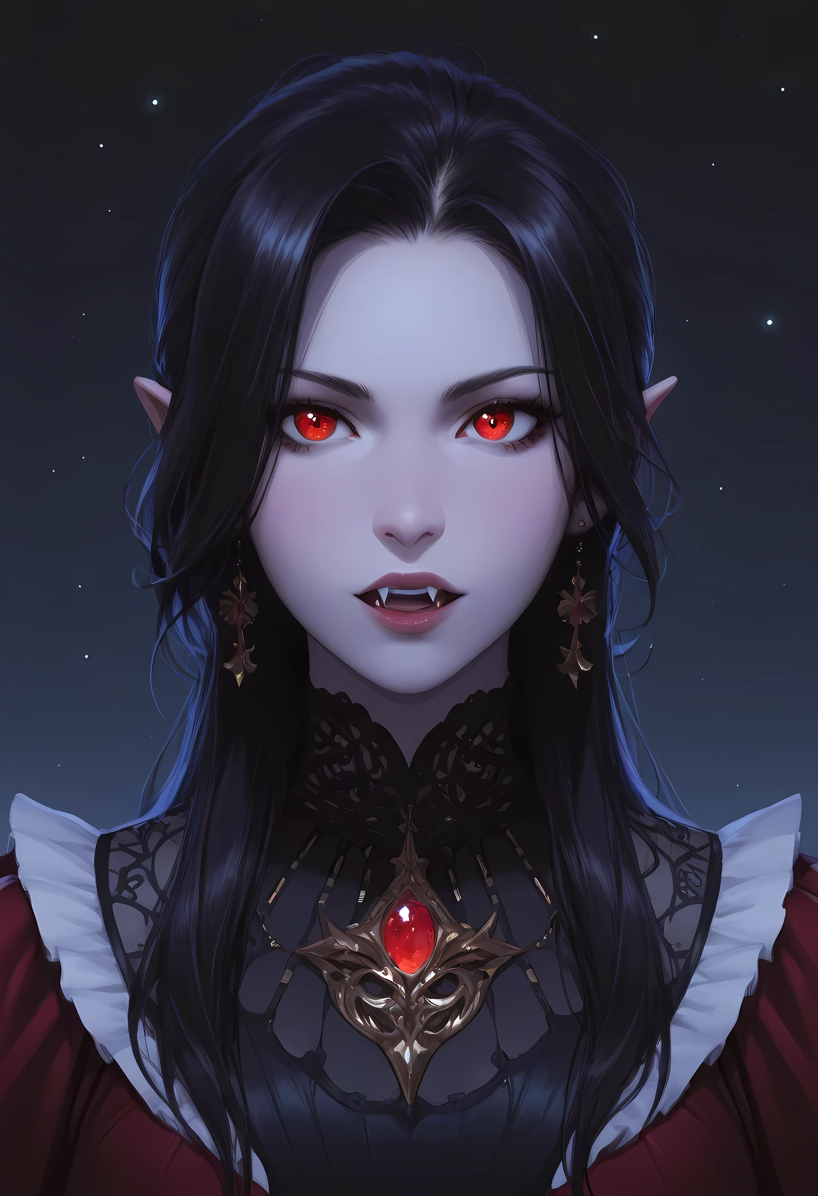 a  portrait of a young female vampire gazing into the infinite stars in the night sky the stars are reflected in her eyes, a beautiful mature female vampire, dynamic hair color, dynamic skin complexion, ultra detailed face, best detailed face, wearing dynamic dress, looking into the stars, the stars are reflected in her red eyes, night sky, many, many shining stars, various colors stars,  vibrant, Ultra-high resolution, High Contrast, (masterpiece), highest quality, Best aesthetics), best details, best quality, highres, 16k, [ultra detailed], masterpiece, best quality, (extremely detailed), glowing,ember, fantasy, fflix_ufantasy, vampire, fangs, fantasy, dw01-3400, Aesthetic_PDXL