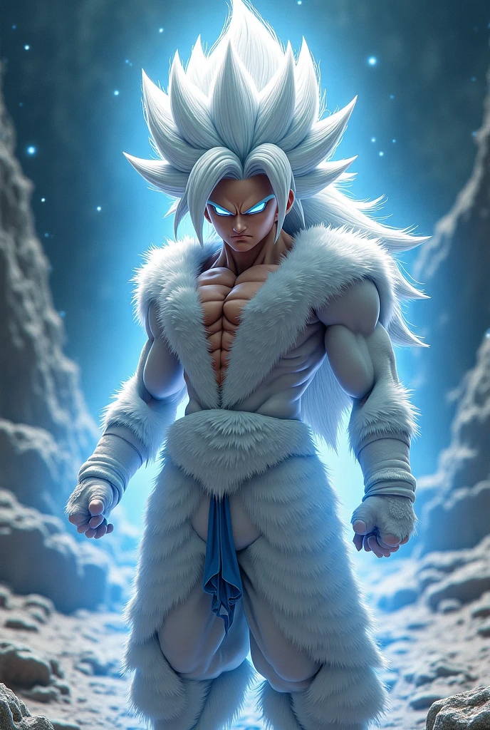 ((masterpiece,best quality)), absurdres, Super_Saiyan_5_Goku, 1boy, male focus, (white fur:1), red eyes, tail, white hair, solo, looking at viewer, cowboy shot, scifi background, giant moon, starry sky,