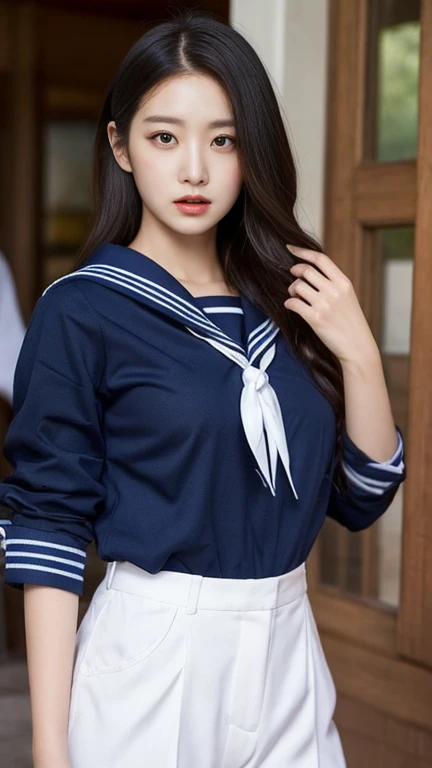 ((top-quality、8K、masterpiece:1.3))、1girl in、Beautiful woman Standing in the house:1.3、(long-haired、Colossal tits:1.4)、(sailor collared school uniform:1.5)、Super delicate face、Delicat eyes、double eyelid、Close-up of upper body from below, bloom, natural light