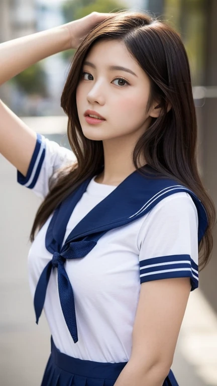 (best quality, masterpiece), (realistic lighting with shadows), huge file size, high resolution, elegant, realistic, intricate details, (perfect anatomical depiction of the human body), one busty girl, ( (miraculous super big breasts)), she's a age girl, ((beautiful and bright blue eyes with shining highlights)), her attractive small thin lips are glossy even though she doesn't wear lipstick , Brunette hair dancing in the wind, Braided half-up hair shining in the backlight, Wearing a high school girl's summer clothes, The clothes are neat and clean blouses and the color is white. , Wearing a crimson ribbon tie. The blouse, which is too tight due to her huge boobs, is supported by all the strong buttons. , The skirt is a tartan check pleated mini, ((the girl's chest is not exposed at all)), but you can clearly see that she has extremely large breasts, and she is very beautiful and looks like a school goddess. This is a picture taken from the front, (It is a picture of a smile like a wonderful flower blooming.)