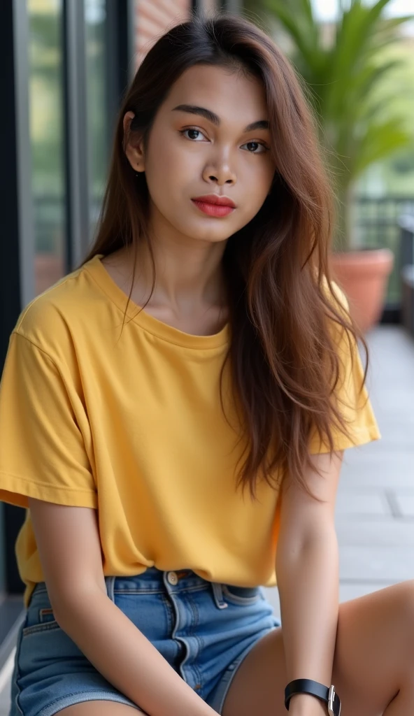 Melanie Rios, straight hair, thin body, expressive eyes, above view, looking to the viewer, orange t-shirt, black jeans shorts [black jeans shorts: 2.0]