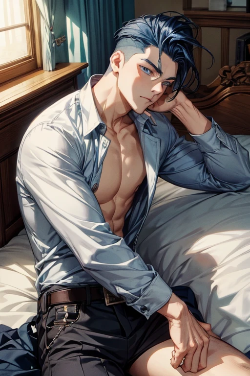 "(La mejor calidad,4k,8k,Altas Resoluciones,obra maestra:1.2),ultra detallado,(realista,fotorrealista,fotorrealista:1.37), Manhwa Art European 25 years old man, piel de marfil, Cabello desordenado cabello ????? azabache, penetrantes ojos, Iris gris, Llevar abrigo ?????,  Torzo desnudo, cuerpo musculoso, recostado en una cama, foto tomada desde arriba, cuerpo Atletico, razor-sharp jawline, mirada penetrante, Cold and mysterious character, cuerpo completo, cuerpo Atletico, 8k, Detailed features, muy guapo, Dreamy look on his face, bright illumination, fondo borroso, tatuajes en brazos, tatuajes en el pecho,