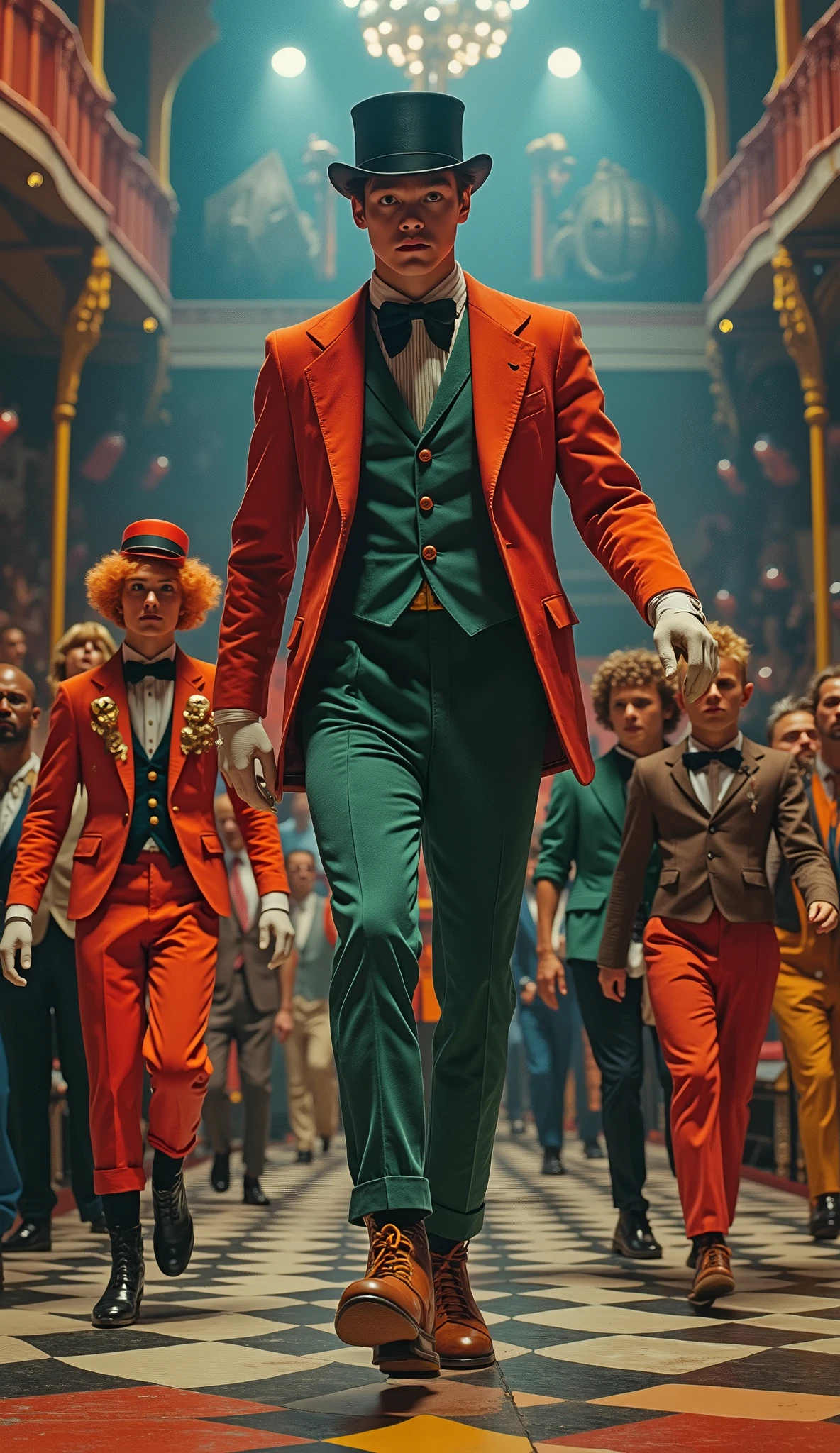 Surrealist Psicopop. Intriguing people in the circus. clowns, Acrobats , Trapeze artists. Clockwork Orange film. cinematic. 8K.