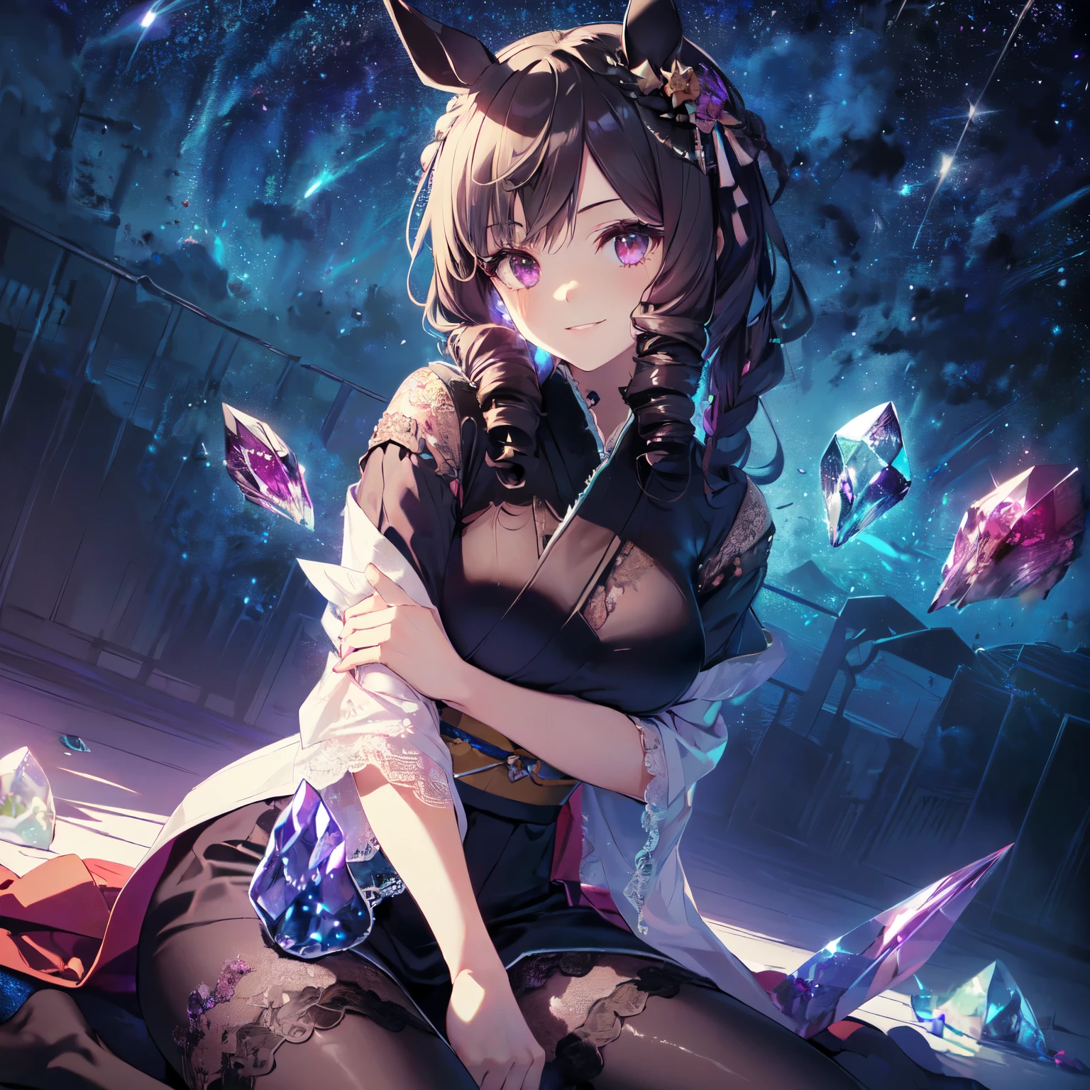 (Solo: 1.9). Girl. (Girl with horse ears: 1.9). (Girl with horse tail: 1.5). (Muscular girl: 1.5). (Black hair: 1.5). (Super long hair: 1.5). (Sitting torture: 1.5). (Arm between legs: 1.9). (Flashy blue sheer short sleeve lace kimono: 1.9). (Wearing a big beautiful hairpin: 1.9). (Beautiful sheer black pantyhose: 1.5). (Flashy sheer lace obi: 1.5). (Smiling and looking at the camera: 1.5). (2DCG animation). (Dark purple background. Lots of crystals. Starry sky: 1.5). Exquisite anatomy. (Amazing. High quality. High resolution). (Dutch angle: 1.5). (Close up of upper body).