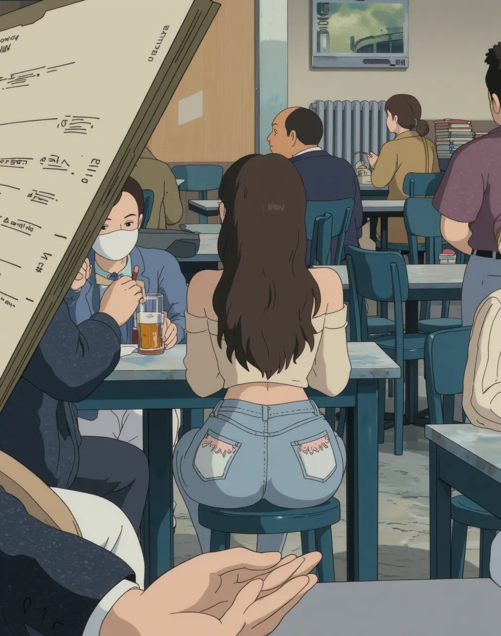 It shows two naked women in a cafeteria having breakfast surrounded by people, giant chest and ass