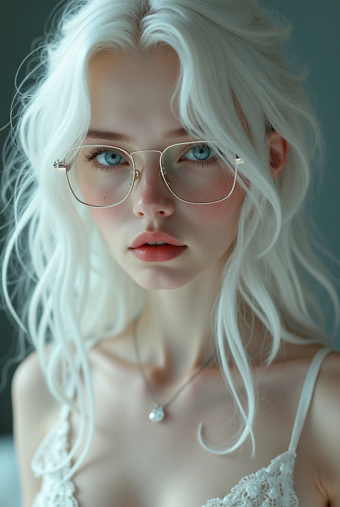 female, long white hair, round, big eyes, big butt, round ear, White skin, wear glasses, wear earrings, 90 years old