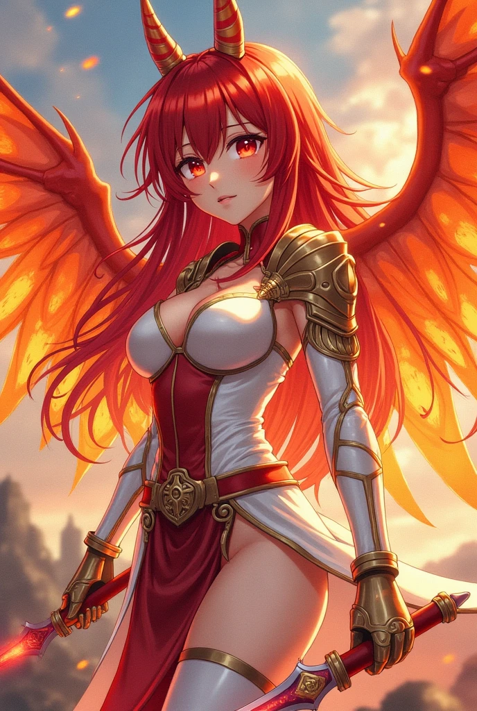 red haired shirtless girl with red scales tattoos wearing only a golden winged helmet