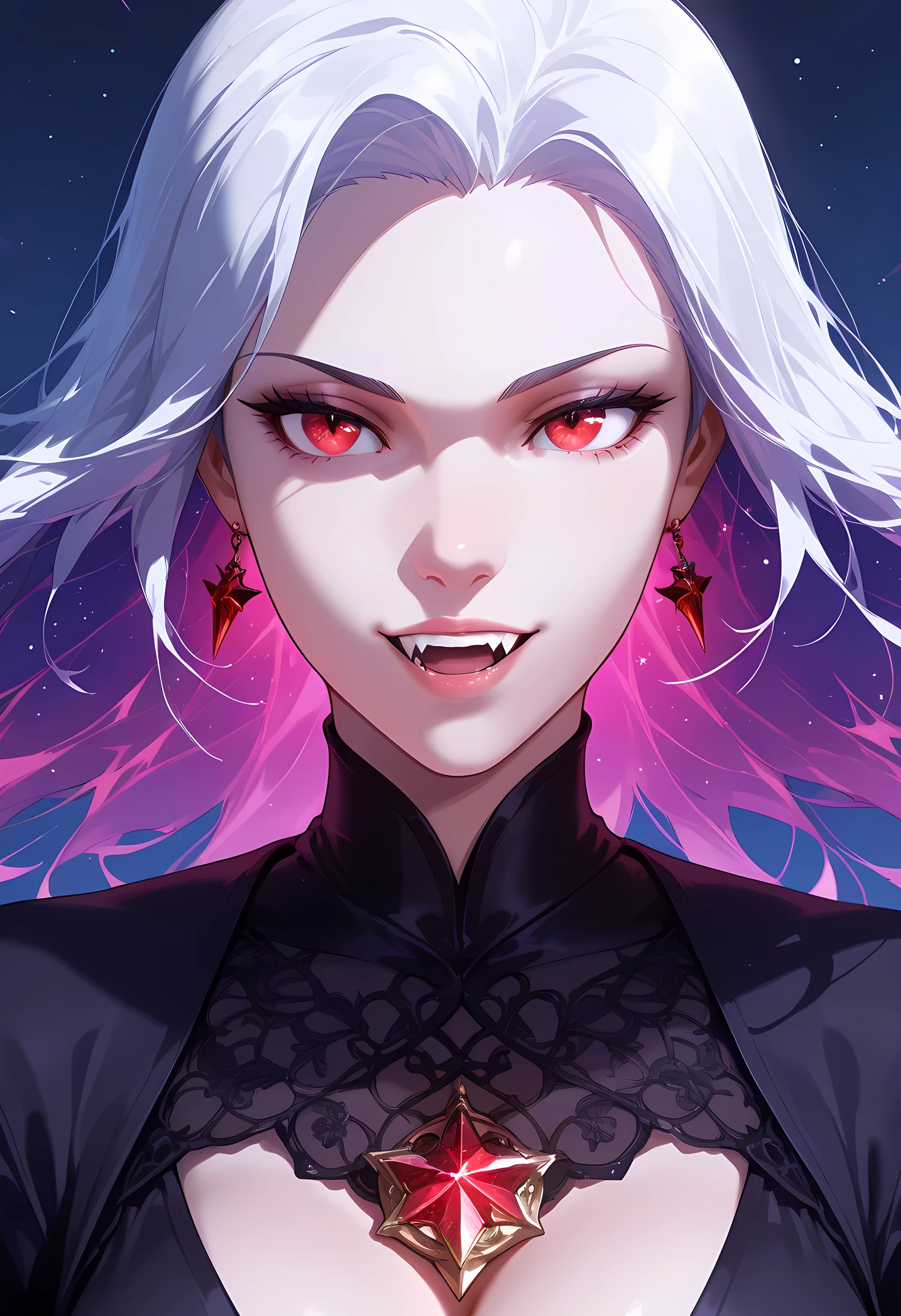 a  portrait of a young female vampire gazing into the infinite stars in the night sky the stars are reflected in her eyes, a beautiful mature female vampire, dynamic hair color, dynamic skin complexion, ultra detailed face, best detailed face, wearing dynamic dress, looking into the stars, the stars are reflected in her red eyes, night sky, many, many shining stars, various colors stars,  vibrant, Ultra-high resolution, High Contrast, (masterpiece), highest quality, Best aesthetics), best details, best quality, highres, 16k, [ultra detailed], masterpiece, best quality, (extremely detailed), glowing,ember, fantasy, fflix_ufantasy, vampire, fangs, fantasy, dw01-3400, Aesthetic_PDXL