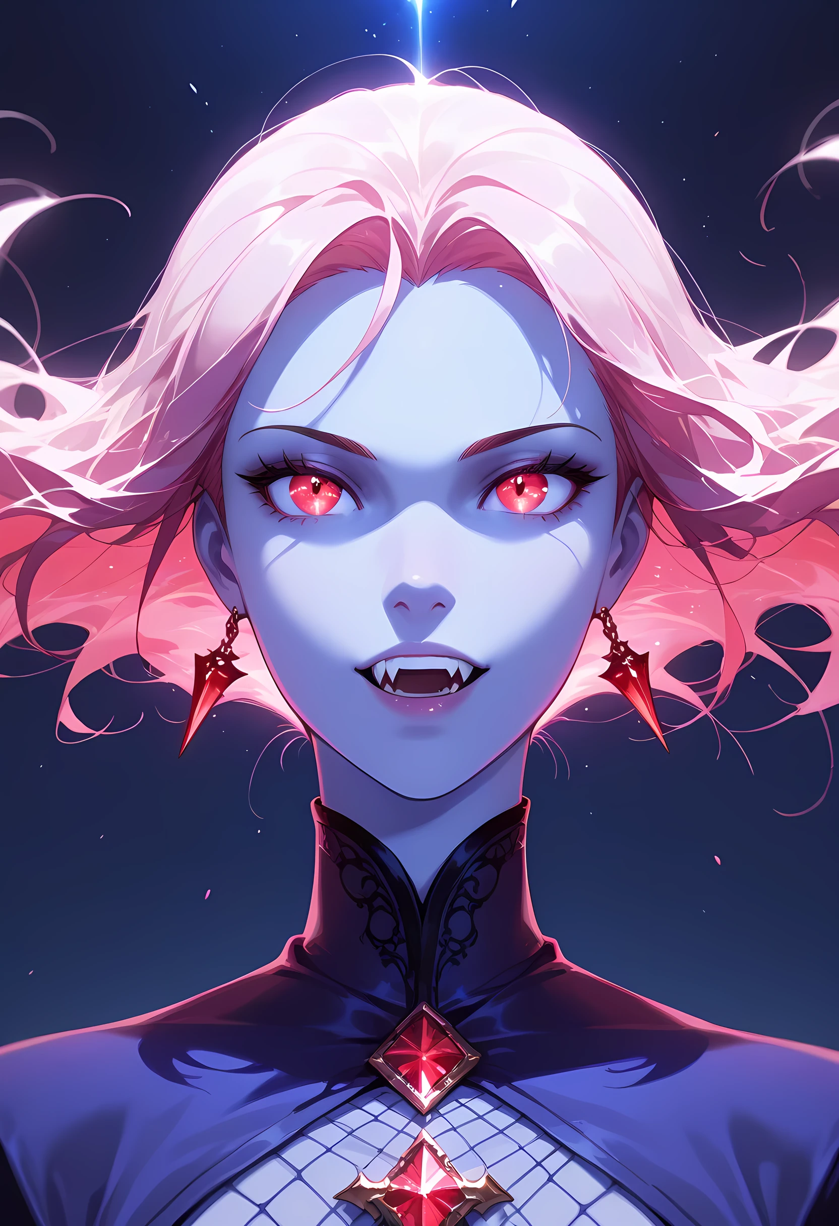 a  portrait of a young female vampire gazing into the infinite stars in the night sky the stars are reflected in her eyes, a beautiful mature female vampire, dynamic hair color, dynamic skin complexion, ultra detailed face, best detailed face, wearing dynamic dress, looking into the stars, the stars are reflected in her red eyes, night sky, many, many shining stars, various colors stars,  vibrant, Ultra-high resolution, High Contrast, (masterpiece), highest quality, Best aesthetics), best details, best quality, highres, 16k, [ultra detailed], masterpiece, best quality, (extremely detailed), glowing,ember, fantasy, fflix_ufantasy, vampire, fangs, fantasy, dw01-3400, Aesthetic_PDXL