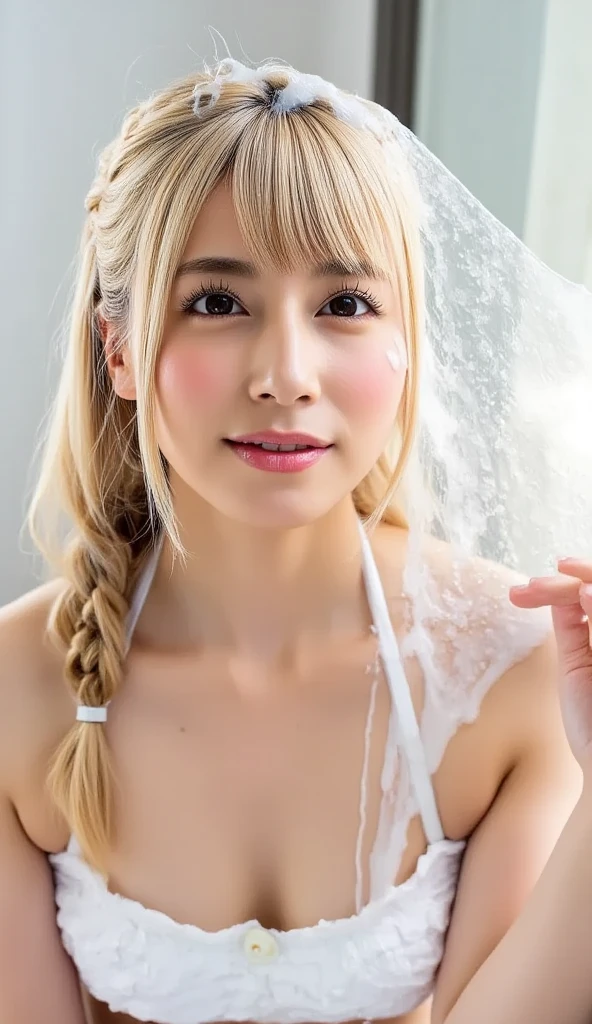 (Highest quality, 4K, 8k, High resolution, masterpiece:1.2), Very detailed, (Realistic, photoRealistic, photo-Realistic:1.37)、smile、Blonde、Completely naked、Japanese、(((Bukkake)))、Lips parted,