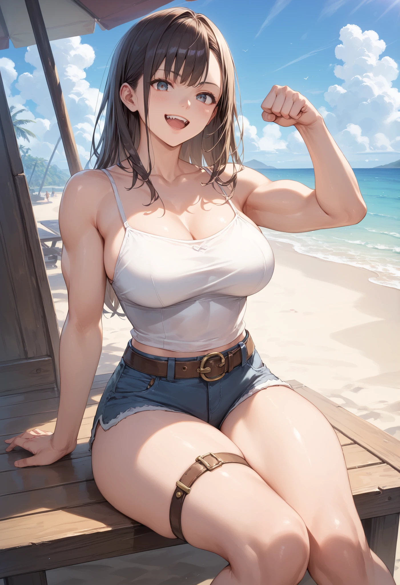 Beautiful fece, (masterpiece:1.2), (top-quality:1.2), perfect eyes, face perfect, Perfect litthing, 独奏, frontage, sitting on, large full breasts, Front, Tank tops, Big ass, wide waist, cut-off, denim,Microdenim, white panties, micro shorts, thighs thighs thighs thighs, Open legs, Looking Forward, From the bottom, Brown, Long ponytail, simple background, sand beach, shores, arm at side