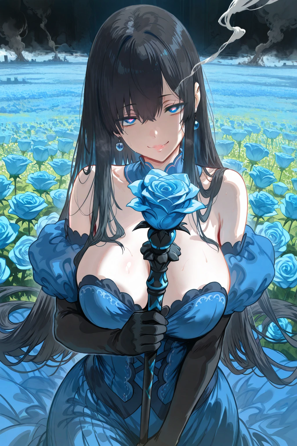 high quality, masterpiece, Super detailed, 1 girl,  Extremely detailed faces, Christmas blue lace latex bikini，blue gloves，blue stockings，，Maid tiara，BDSM,handcuffs，collar，calm expression,Smile，handcuffs，collar，long black hair, charming pink eyes, fox ears, Ridiculously big, shiny skin, Sitting on a sea of flowers，Bright sea of flowers，grassland，seaside