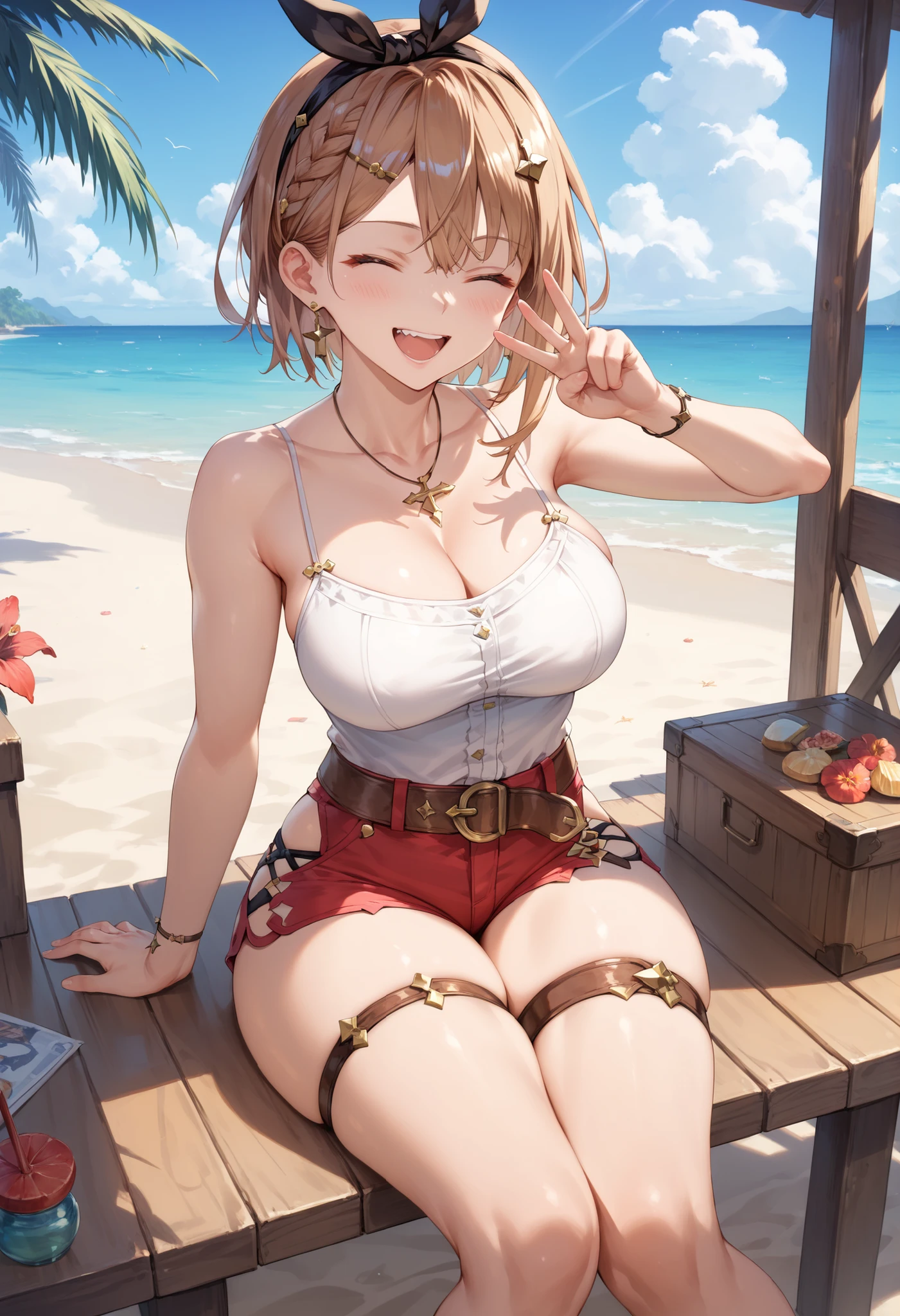 Masterpiece, top quality, Hi-Res, very detailed CG , 2nd Default, asymmetrical design costume, Bare Thighs , belt, chest, teeth, is laughing, beach,1teen young_girl,white_camisole,large_breasts,large_thighs,short_shorts,apart_legs,raise_fist,sitting_on_wood_deck, (pectineus_muscle:0.2),thigh_strap,(Reisalin_Stout),(\Atelir_Ryza)