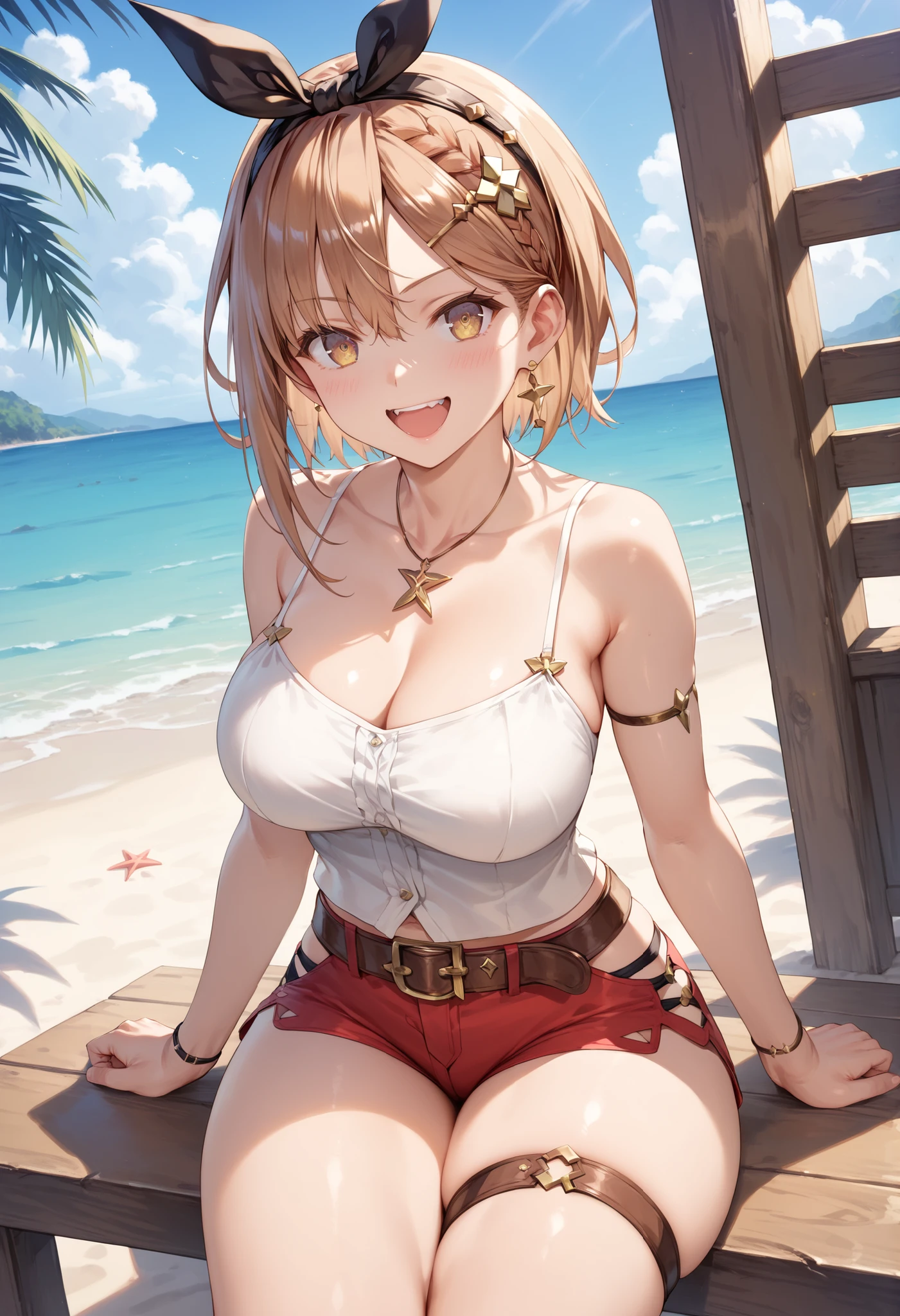 Masterpiece, top quality, Hi-Res, very detailed CG , 2nd Default, asymmetrical design costume, Bare Thighs , belt, chest, teeth, is laughing, beach,1teen young_girl,white_camisole,large_breasts,large_thighs,short_shorts,apart_legs,raise_fist,sitting_on_wood_deck, (pectineus_muscle:0.2),thigh_strap,(Reisalin_Stout),(\Atelir_Ryza)